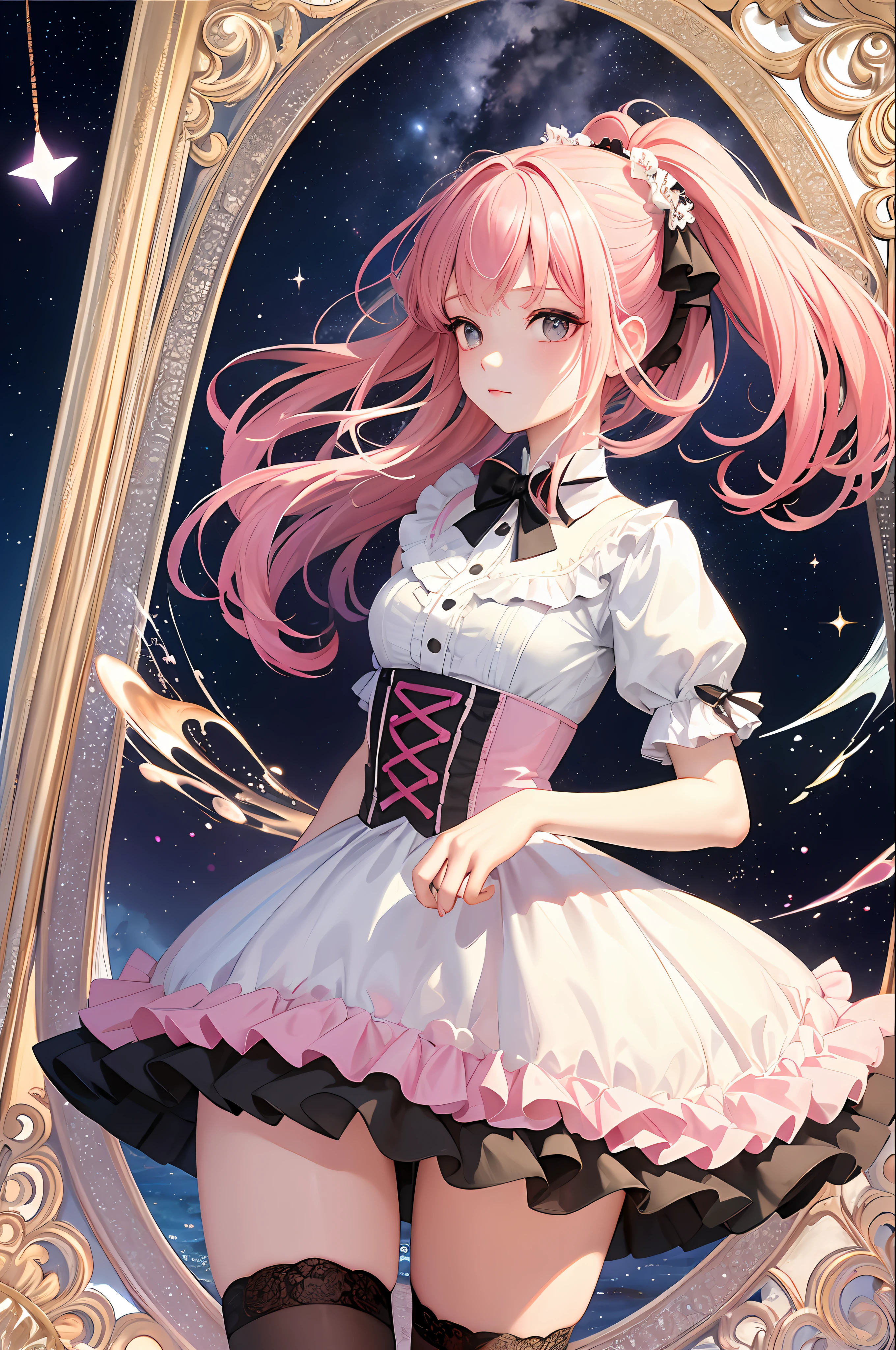 (Masterpiece, Top Quality, Best Quality, Watercolor (Medium), Official Art, Beauty and Aesthetics: 1.2), (1girl: 1.3), (Fractal Art: 1.3), Upper Body, Looking from the Side, Looking at the Viewer, Pattern, (Rainbow Hair, Colored Hair, Pink Gradient Hair: 1.2), Water, Liquid, Clouds, Colorful, Starry, Stars, Full Body, Stockings, Lolita Shoes (Cross Laces), Bow Clips;