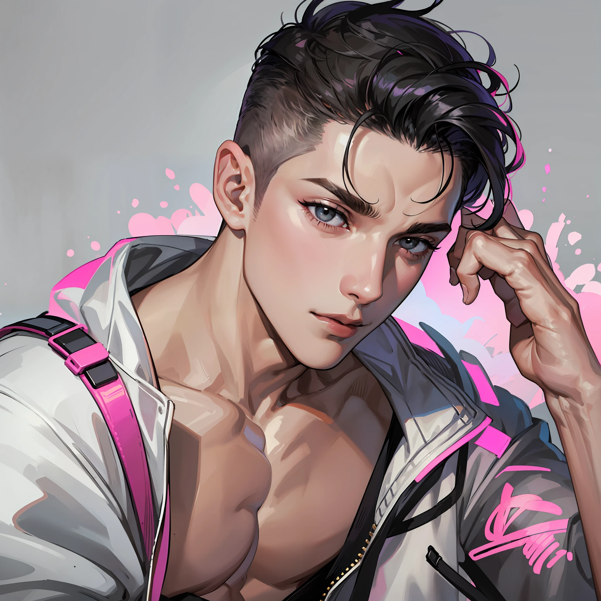 1boy, young posing, gorgeous, muscular, black-eyed, shirtless, short dark hair undercut cut style disconnected, on a white background, black crown on his head, pink details