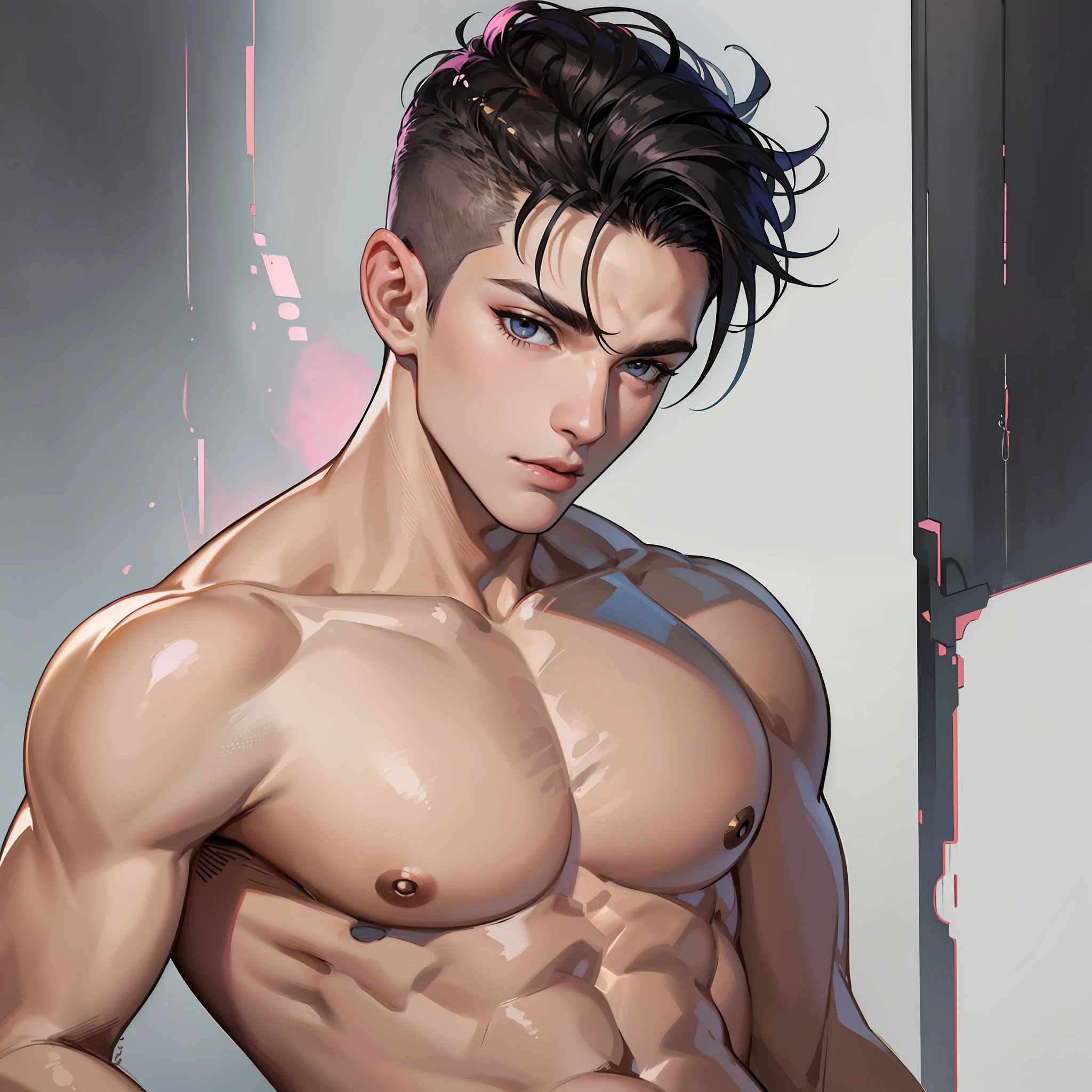 1boy, young posing, gorgeous, muscular, black-eyed, shirtless, short dark hair undercut cut style disconnected, on a white background, black crown on his head, pink details
