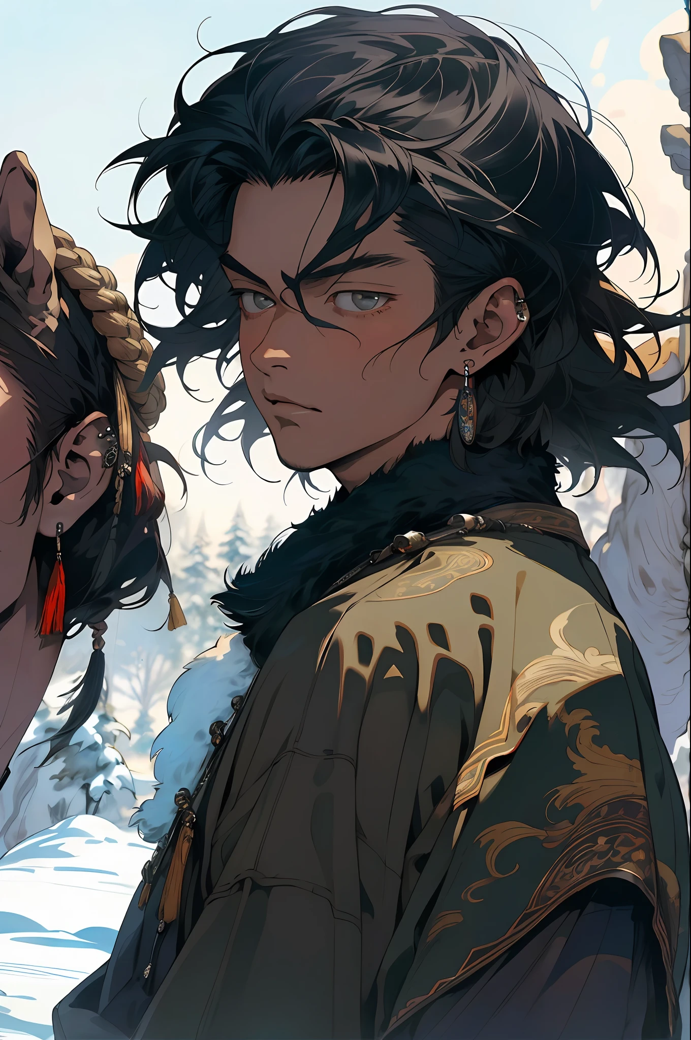 Realism, (masterpiece, top quality, best quality, official art,), very detailed, most detailed, (1boy:1.3), gods, black hair, mysterious, handsome man, ((nomadic style)), steppe, herdsman, fur coat, accessories, earrings