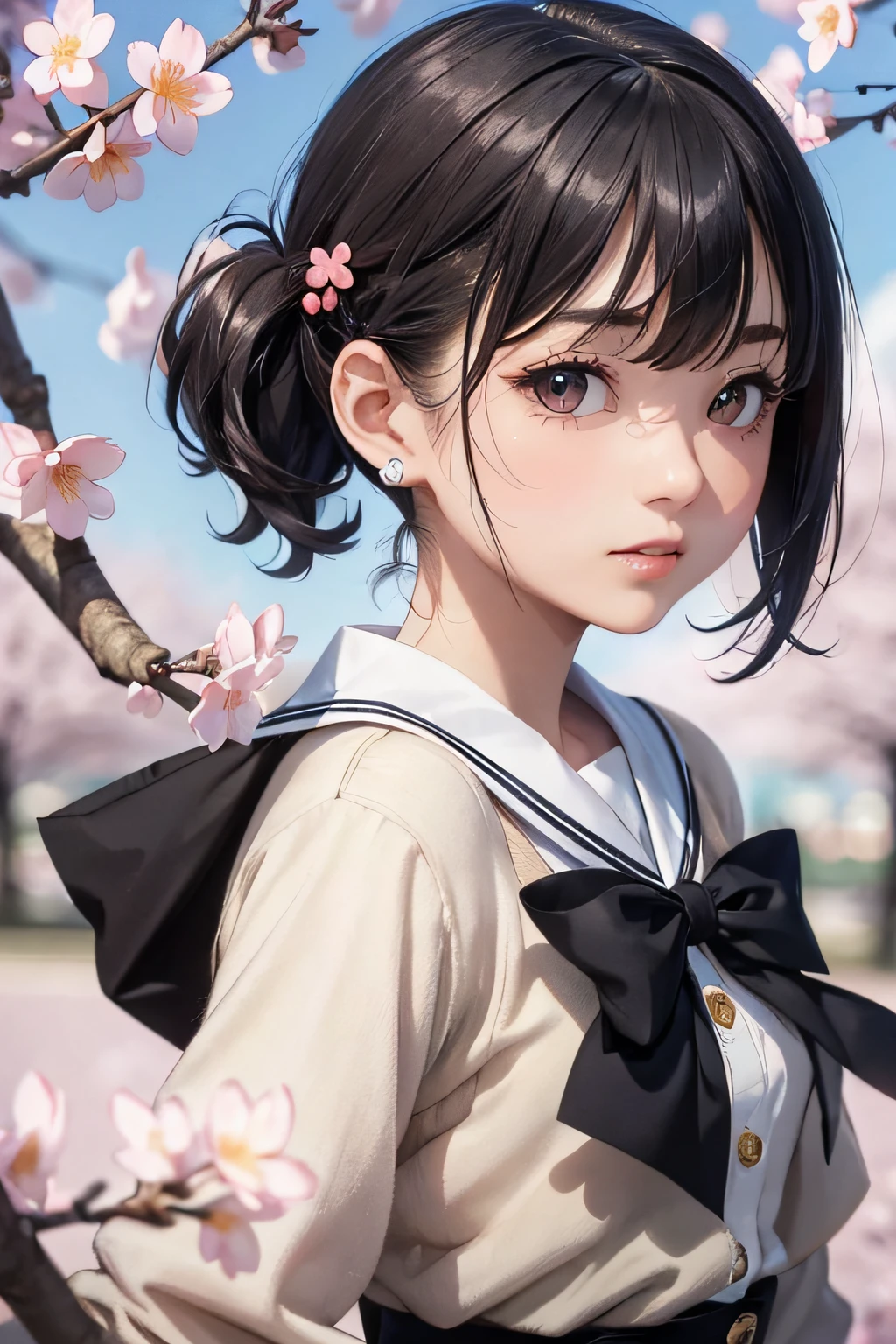 (masterpiece), (portrait), (aesthetic), (beautiful), (upper blody), (high quality), (aesthetic clothings), (professional angle), (rule of thirds), (Feminine), (woman), (female), (beautiful),(feminine features), (25 years), solo, 1 woman, (attractive Japanese), Spring, Natural light, (Cute), Fresh Makeup, (Petite bust), ((holding a Sakura Branch)), (Angle face), (Playful expression), ((Excited)), Hair Clips, Ear Piercing, ((Short hair)), (Black hair), (Pigtails hair), (Straight hair), Shiny shine hair, (Ribbons in hair), (Brown eyes), (Kawaii look), (Fair skin), (Pastel Colors clothing), (Sailor Dress), (Cardigan), (Skirt), Peter Pan neckline), ((Cherry Blossoms background)), (- in background), (Close-up shot), beautiful hands, two hands, normal hands, two arms, complete hands, beautiful body, beautiful fingers, normal fingers, five fingers, five fingers, (Thumb index meddle ring little fingers), beautiful ears, normal ears, beautiful eyes, shiny eyes, beautiful mouth, beautiful lips,