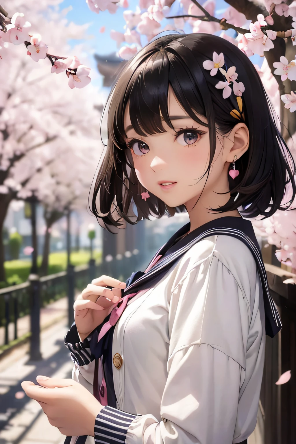 (masterpiece), (portrait), (aesthetic), (beautiful), (upper blody), (high quality), (aesthetic clothings), (professional angle), (rule of thirds), (Feminine), (woman), (female), (beautiful),(feminine features), (25 years), solo, 1 woman, (attractive Japanese), Spring, Natural light, (Cute), Fresh Makeup, (Petite bust), ((holding a Sakura Branch)), (Angle face), (Playful expression), ((Excited)), Hair Clips, Ear Piercing, ((Short hair)), (Black hair), (Pigtails hair), (Straight hair), Shiny shine hair, (Ribbons in hair), (Brown eyes), (Kawaii look), (Fair skin), (Pastel Colors clothing), (Sailor Dress), (Cardigan), (Skirt), Peter Pan neckline), ((Cherry Blossoms background)), (- in background), (Close-up shot), beautiful hands, two hands, normal hands, two arms, complete hands, beautiful body, beautiful fingers, normal fingers, five fingers, five fingers, (Thumb index meddle ring little fingers), beautiful ears, normal ears, beautiful eyes, shiny eyes, beautiful mouth, beautiful lips,
