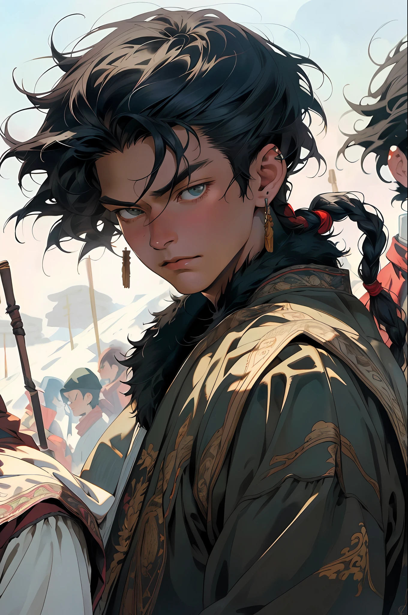 Realistic, (masterpiece, top quality, best quality, official art,), very detailed, most detailed, (1boy:1.3), gods, black hair, mysterious, handsome man, ((nomadic style)), steppe, herdsman, fur coat, ornaments, earrings, single braid