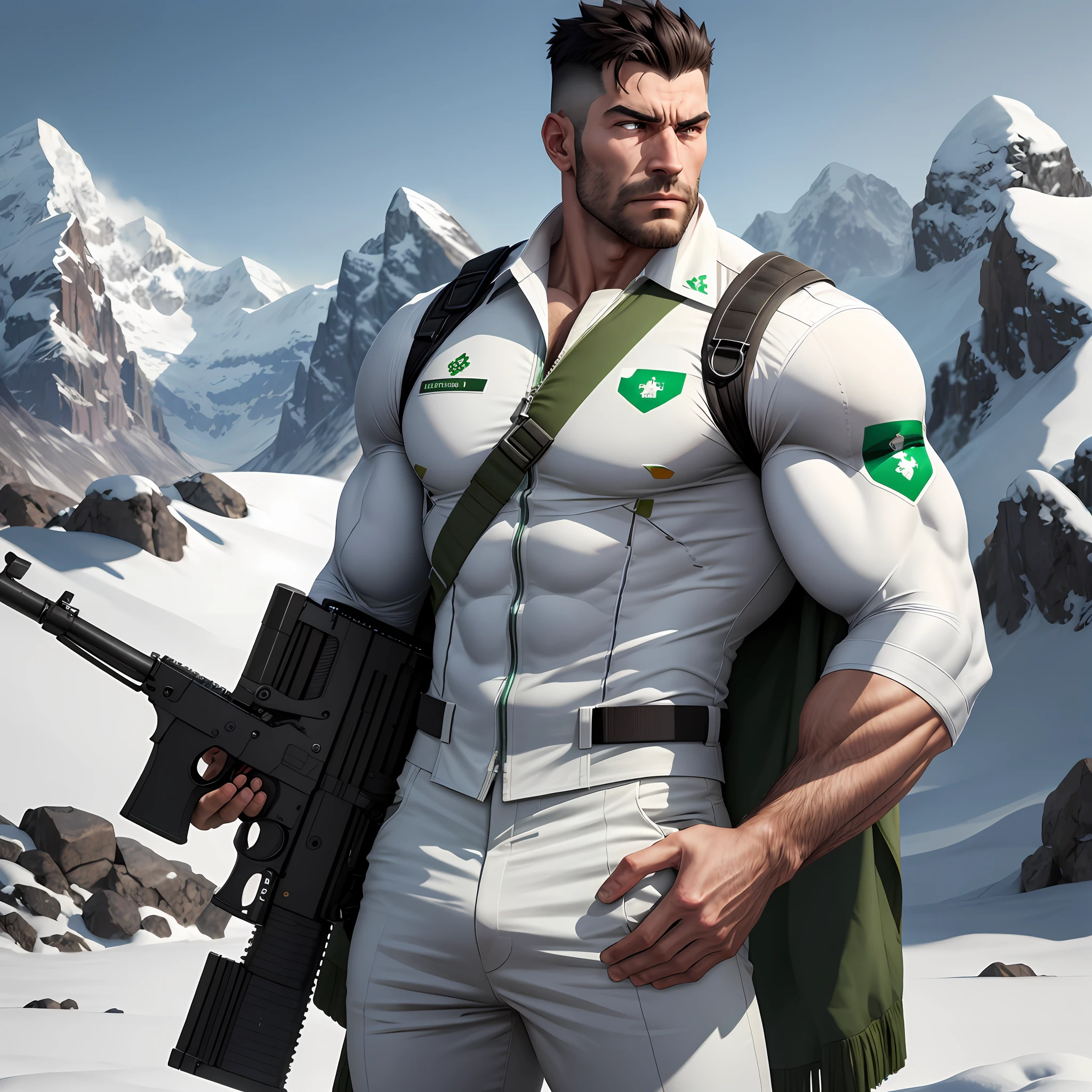 A lonely border guard, muscular and tall, looking into the distance, he is wearing a thick white camouflage cotton suit, holding a submachine gun tightly in both hands, in the distance is a white expanse of mountains and snow, he frowns tightly as if thinking about something, followed by a strong gray wolf beside him, 4K, high resolution, ultra HD, ultra detail