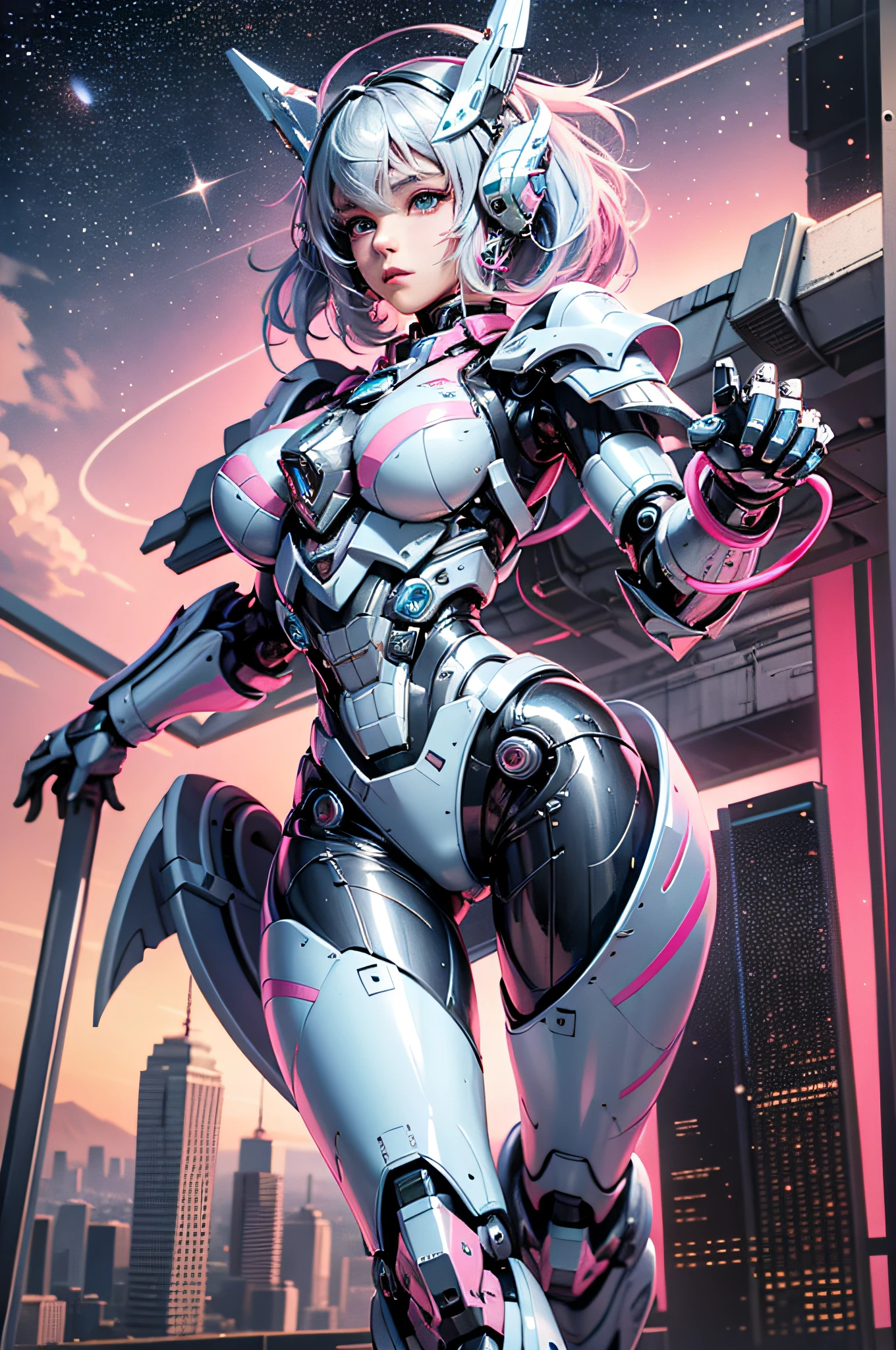 (solo),best quality,masterpiece,extremely delicate and beautiful,extremely detailed,ultra high res, CG,unity,8kwallpaper,aesthetic,finely detail,ultra-detailed,high res,(1girl:1.2), blue mecha musume, blue mechanical ,(full body:1.4),parts,robot joints,headgear,full armor,(girl face:1.4) ,dynamic pose, dynamic angle,combat wings, (Silver hair :1.2)|(light blue hair :1.2)|(pink hair :1.2), Virtual assistant,Sci-fi,Scenario,City,Galaxy,Alliance,Armor,Mech,pink Combat,
