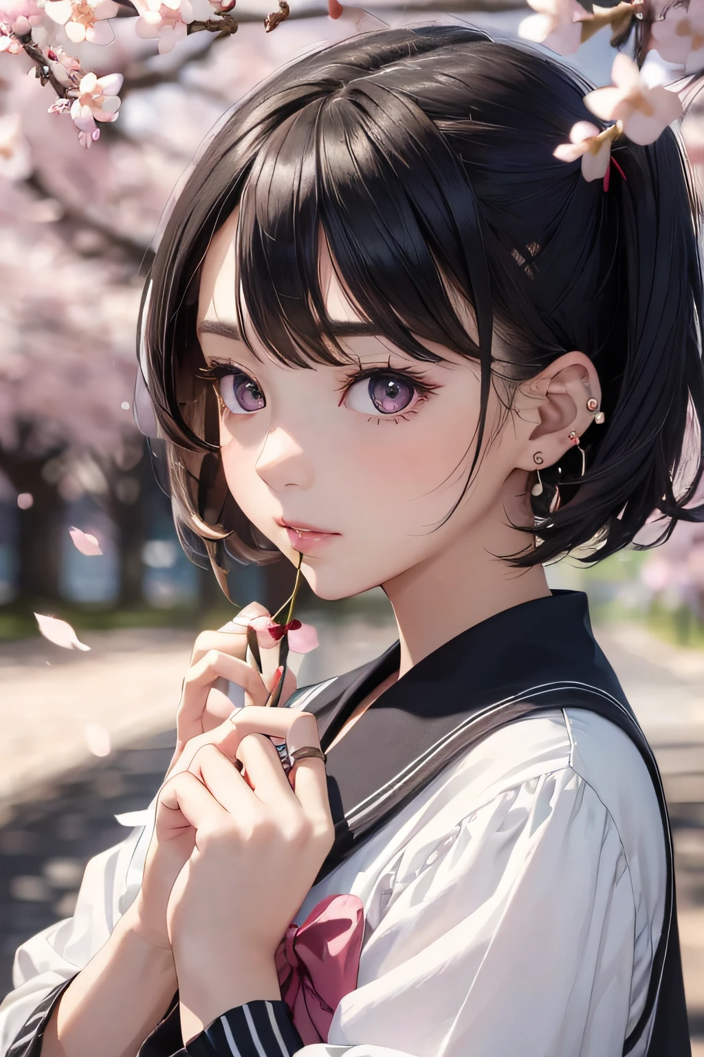 (masterpiece), (portrait), (aesthetic), (beautiful), (upper blody), (high quality), (aesthetic clothings), (professional angle), (rule of thirds), (Feminine), (woman), (female), (beautiful),(feminine features), (25 years), solo, 1 woman, (attractive Japanese), Spring, Natural light, (Cute), Fresh Makeup, (Petite bust), ((holding a Sakura Branch)), (Angle face), (Playful expression), ((Excited)), Hair Clips, Ear Piercing, ((Short hair)), (Black hair), (Pigtails hair), (Straight hair), Shiny shine hair, (Ribbons in hair), (Brown eyes), (Kawaii look), (Fair skin), (Pastel Colors clothing), (Sailor Dress), (Cardigan), (Skirt), Peter Pan neckline), ((Cherry Blossoms background)), (- in background), (Close-up shot), beautiful hands, two hands, normal hands, two arms, complete hands, beautiful body, beautiful fingers, normal fingers, five fingers, five fingers, (Thumb index meddle ring little fingers), beautiful ears, normal ears, beautiful eyes, shiny eyes, beautiful mouth, beautiful lips,
