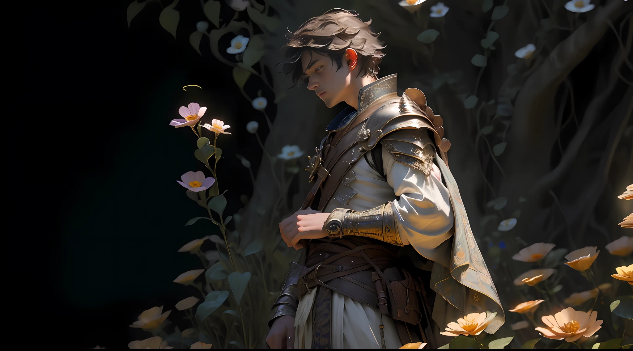 A little boy with freckles in the flowers, pouting, atmospheric distance sense, full body picture, epic fantasy digital art style, epic fantasy art style HD, epic fantasy art style, detailed fantasy digital art, epic fantasy style art, epic exquisite character art, 4K fantasy art, 2. 5 D CGI anime fantasy artwork with man wearing a flower on his head, photo of the most beautiful artwork in the world with a soft sheen, ((epic hero fantasy, wounded hero, dynamic pose of dying on the floor, great location, majestic clutter environment)), full body 8k uniform rendering, action shots, skin pores, very dim lighting, heavy shadows, detailed, detailed face, (vibrant, photo realistic, realistic, dramatic, dark, sharp focus, 8k), (Complex: 1.4), Decadence, (High Detail: 1.4), Digital Painting, Octane Rendering, ArtStation, Concept Art, Smooth, Sharp Focus, Illustration, Artgerm Art, (Loish:0.23), Wlop Ilya Kuvshinov, and Greg Rukowski and Alphonse Mucha Gracias, (Global illumination, studio light, volumetric light), particle floating,