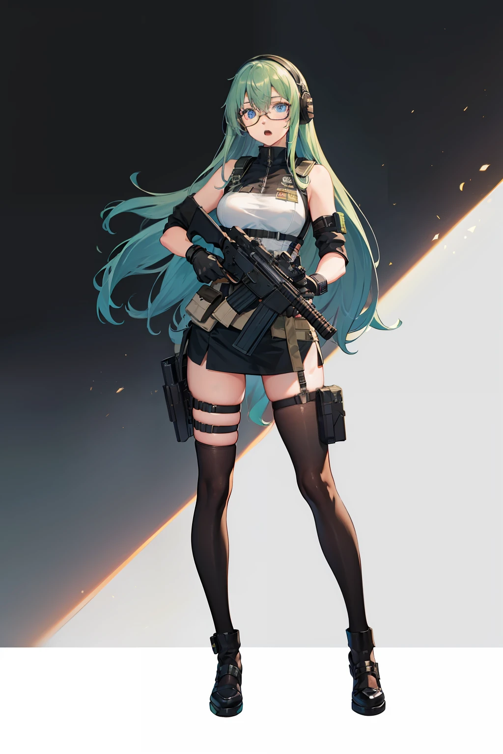 ((best quality)), ((masterpiece)), 1girl, ak-47, assault rifle, blue eyes, bullpup, full body, gloves, green hair, gun, handgun, headset, heckler & koch, holding and aiming gun, holding weapon, holster, kalashnikov rifle, kochiy sanae, m4 carbine, open mouth, pistol, rifle, solo, submachine gun, suppressor, thigh holster, thigh strap, trigger discipline, weapon, glasses