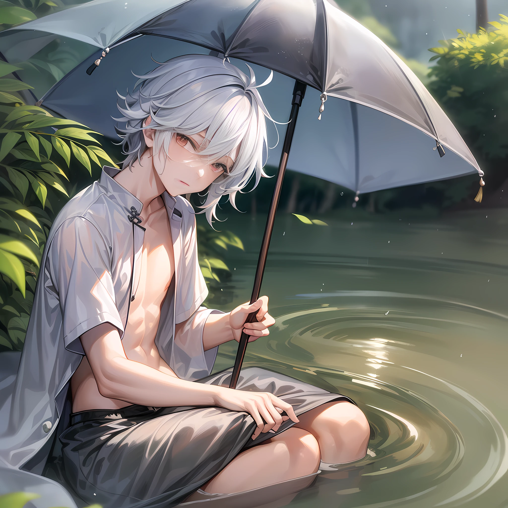 Chinese Wind Rainy days (boy with snake tail on lower body) (bathing in the river) (white hair) (delicate appearance) (shyness) (best image quality) (4k) (lossless) 8k wallpaper