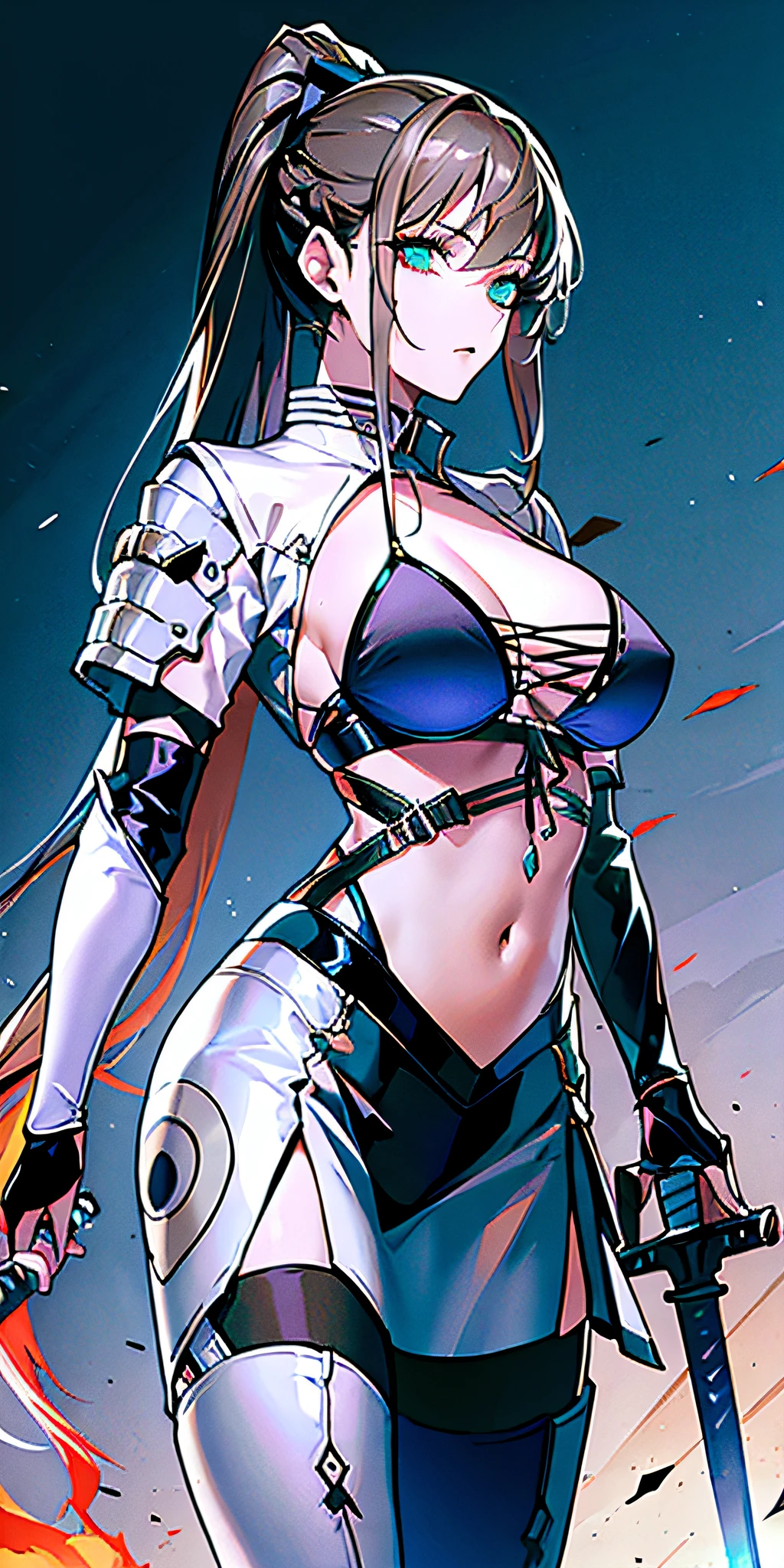 masterpiece, woman, moderately large breasts, black and white double pigtails, ancient armor, beautiful details, good anatomy, good eyes, good features, powerful aura, blue flaming sword, in combat pose, vanishing point,