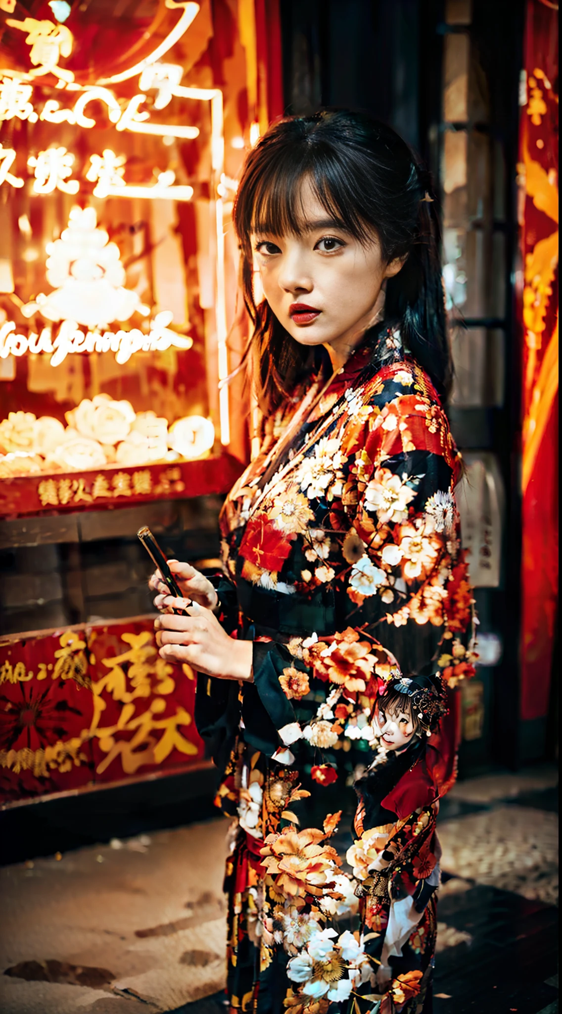 There is a model Asian mature woman in kimono, holding a Japanese taisword with a red handle, full body, the picture atmosphere cinematic. Shot with Canon EOS R5, stills from live-action martial arts movies, movie stills level 8K, exquisite picture quality, DSLR camera photos, neon black, neon, soft lighting, realistic, green lighting, hard shadows, masterpiece, best quality, complex, high detail, 8k, model shooting style, film grain