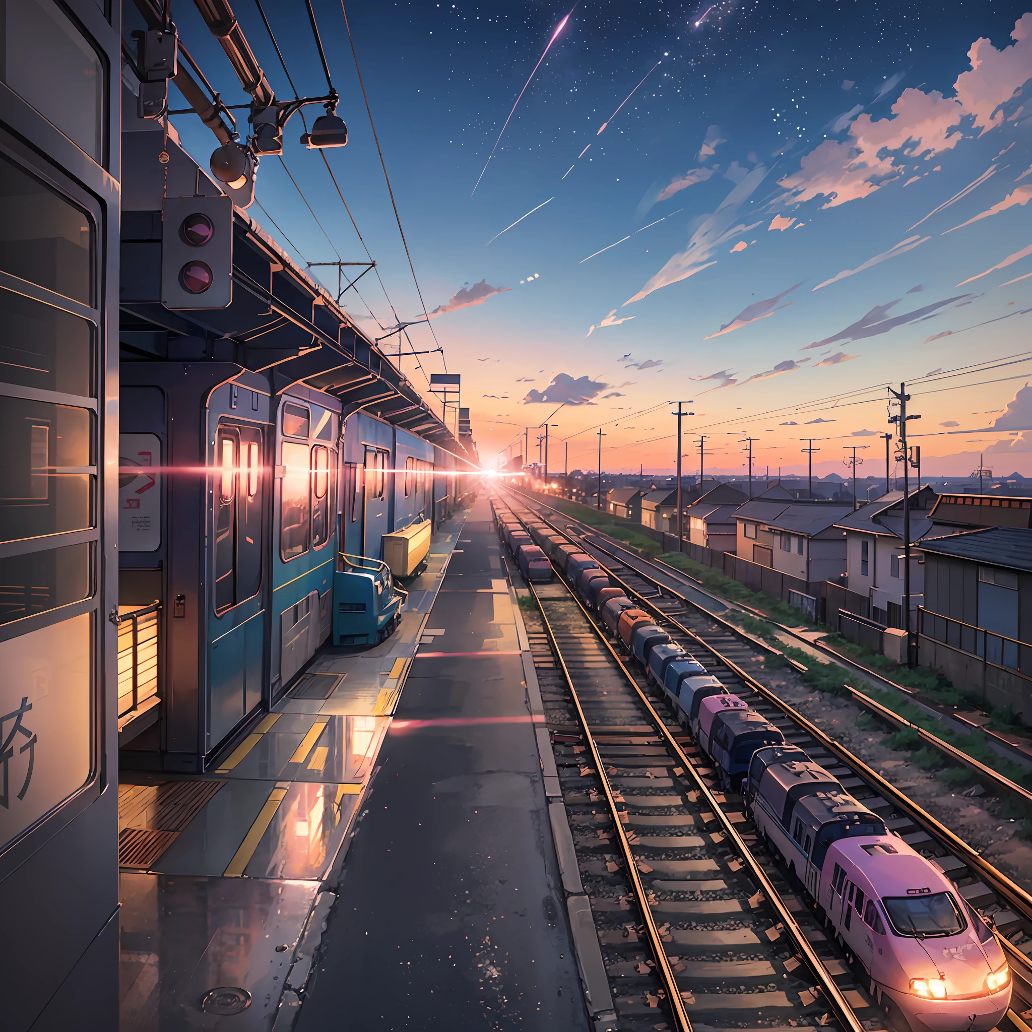 anime scene of a train passing under a pink and purple sky, an anime drawing by Makoto Shinkai, trending on pixiv, magical realism, beautiful anime scene, cosmic skies. by makoto shinkai, ( ( makoto shinkai ) ), by makoto shinkai, anime background art, style of makoto shinkai --auto --s2