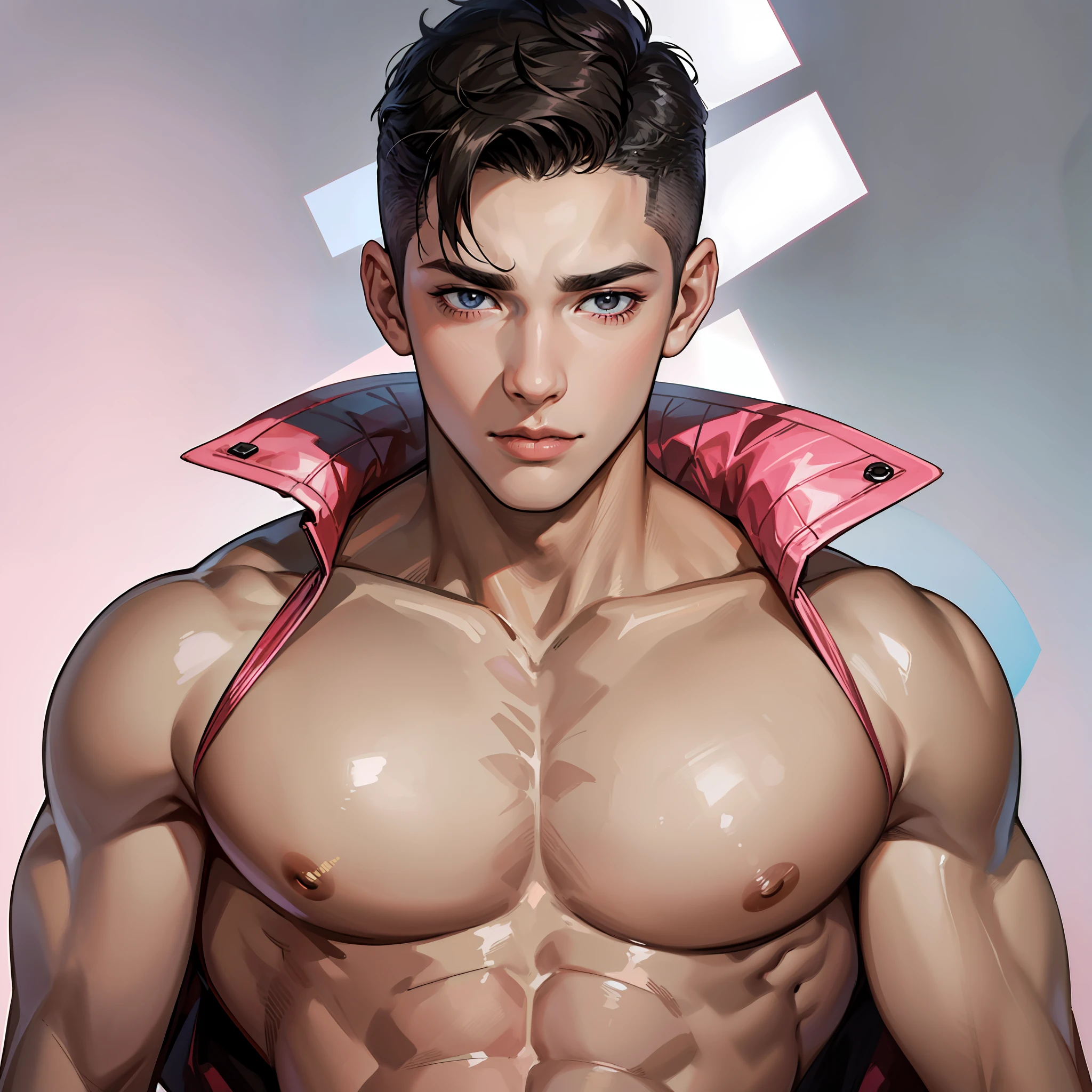 1boy, young posing, gorgeous, muscular, black-eyed, shirtless, short dark hair undercut cut style disconnected, on a white background, black crown on his head, pink details
