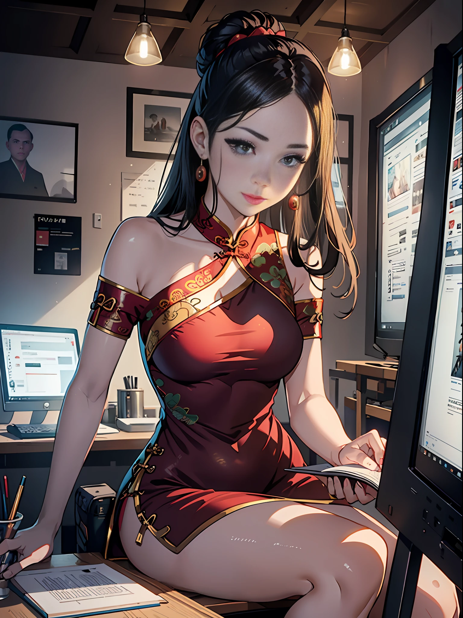 Woman who is reading and studying, young woman, there is a computer in the room, mature looking, willow eyebrows, big eyes, woman with exquisite facial features, woman sitting at the computer desk live broadcast, detail portrayal, infinite details, Tyndall effect, ultra-clear, 8K, character tracing, ray tracing, modern women, high appearance, beauty, intellectual beauty, sexy seduction, (((wearing red tight cheongsam))), (urban beauty), (sexy), (seductive) (off-the-shoulder)