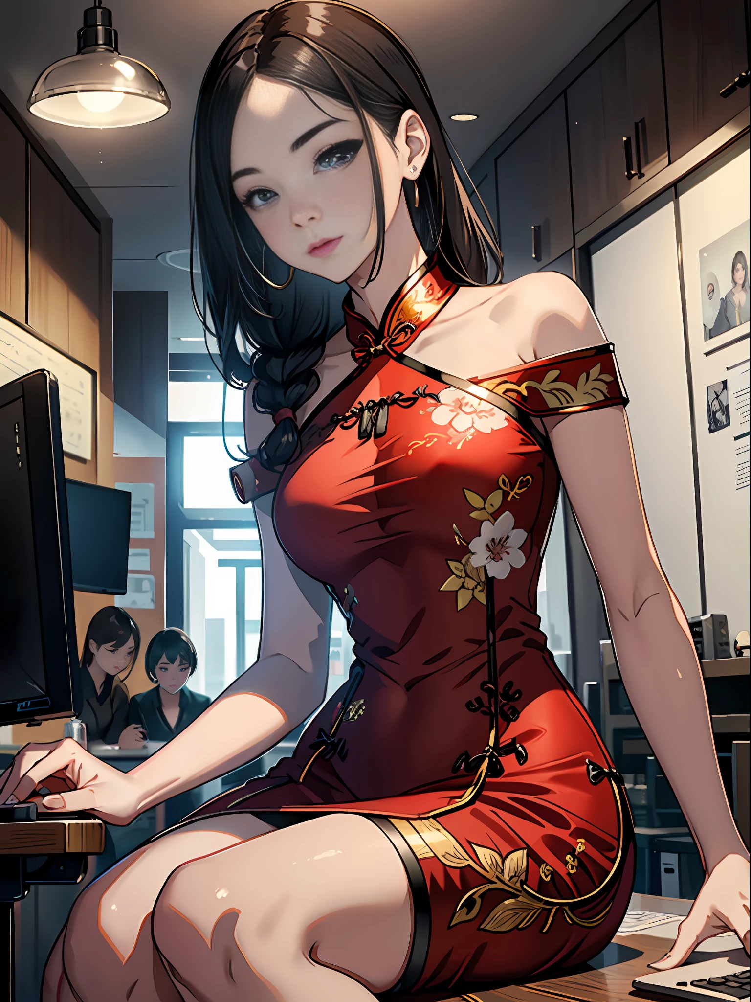 Woman who is reading and studying, young woman, there is a computer in the room, mature looking, willow eyebrows, big eyes, woman with exquisite facial features, woman sitting at the computer desk live broadcast, detail portrayal, infinite details, Tyndall effect, ultra-clear, 8K, character tracing, ray tracing, modern women, high appearance, beauty, intellectual beauty, sexy seduction, (((wearing red tight cheongsam))), (urban beauty), (sexy), (seductive) (off-the-shoulder)