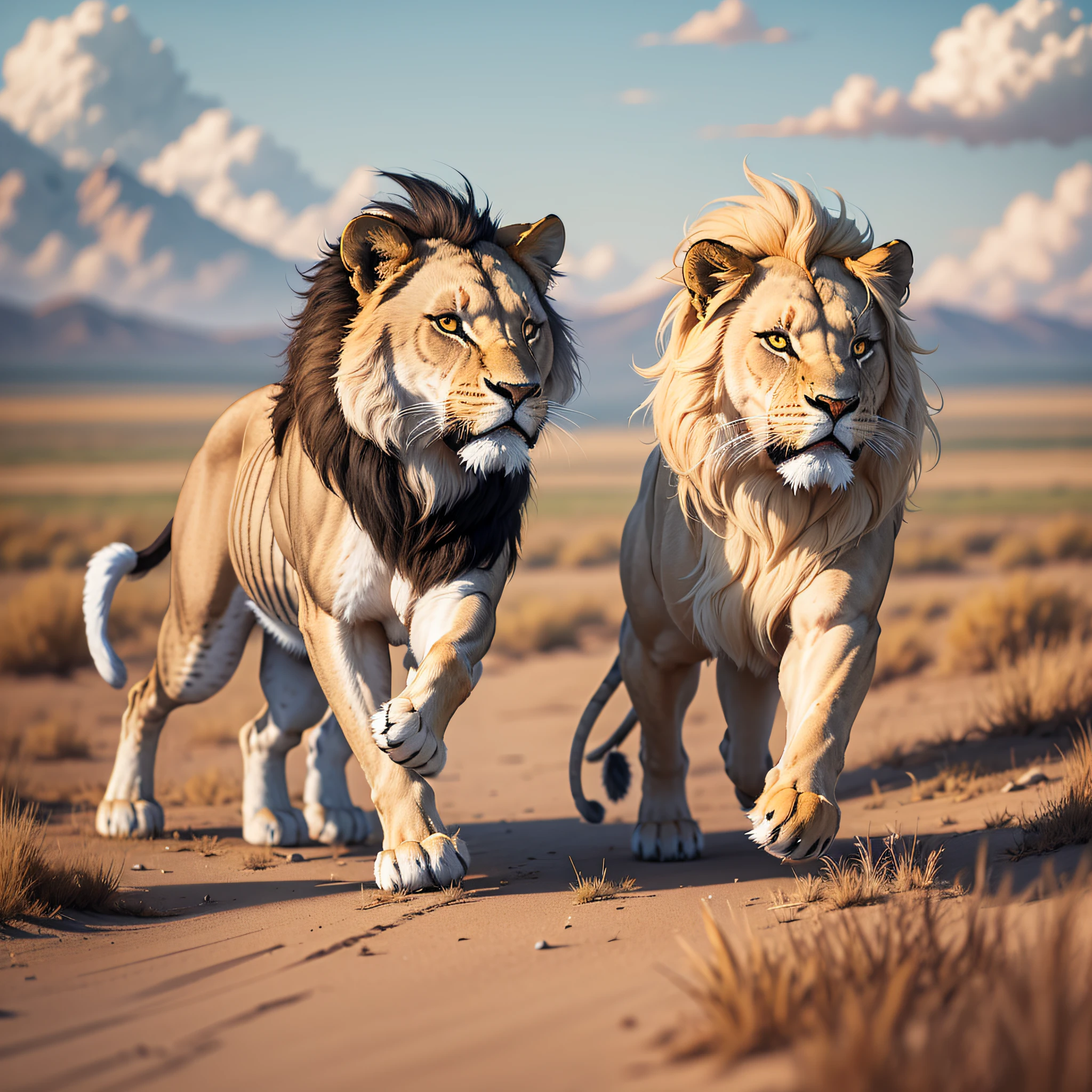 In the steppe, a fierce lion is chasing a cute rabbit --auto --s2
