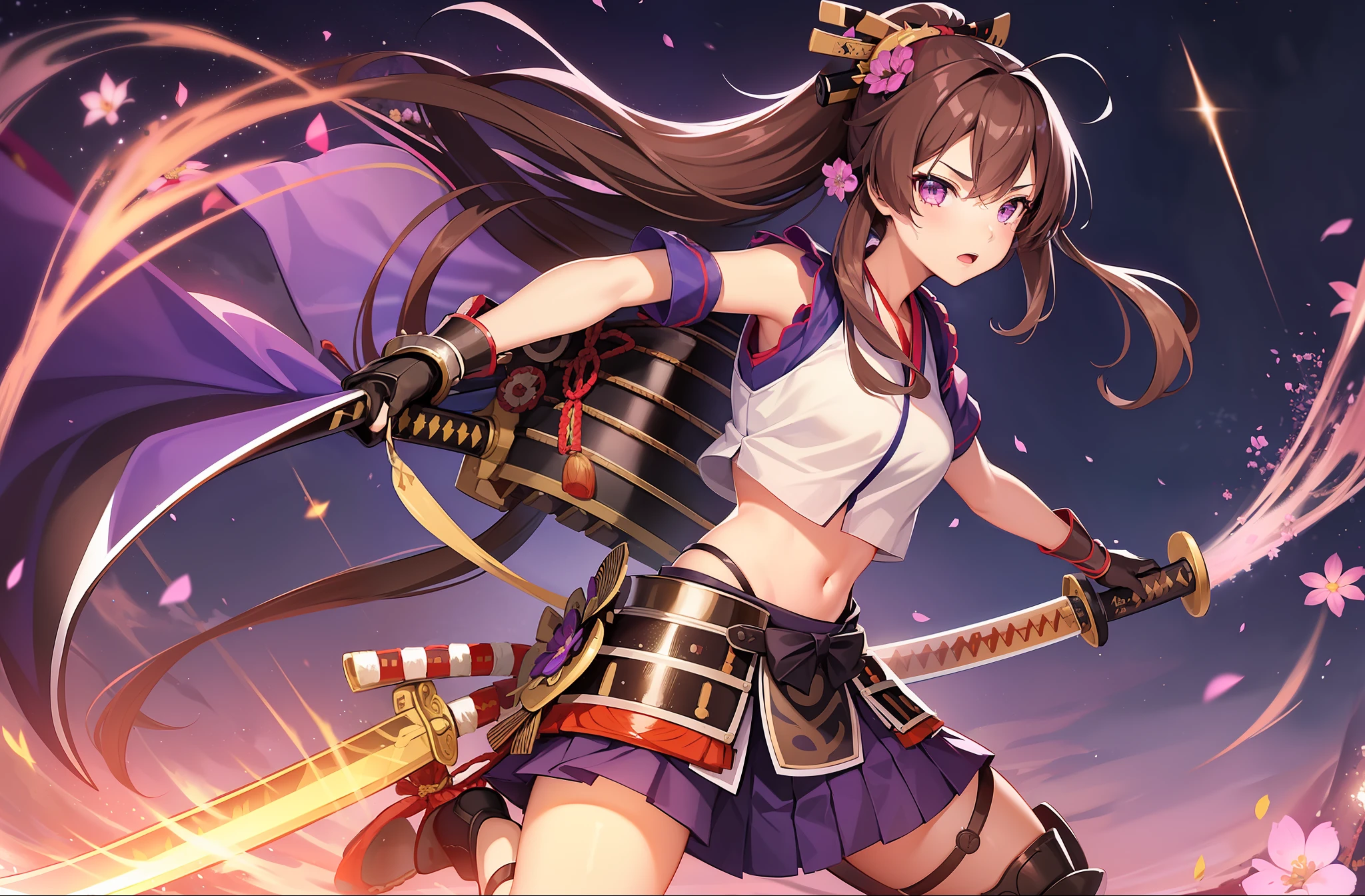 1 girl, solo, Kisaragi from Kancolle, (((samurai armor))), standing, fighting stance, sword strike, katana, detailed eyes, sparkling eyes, masterpiece, best quality, full body, midriff, purple eyes, shiny brown hair, purple flower in hair, tall, long hair, straight hair, hair between eyes,
