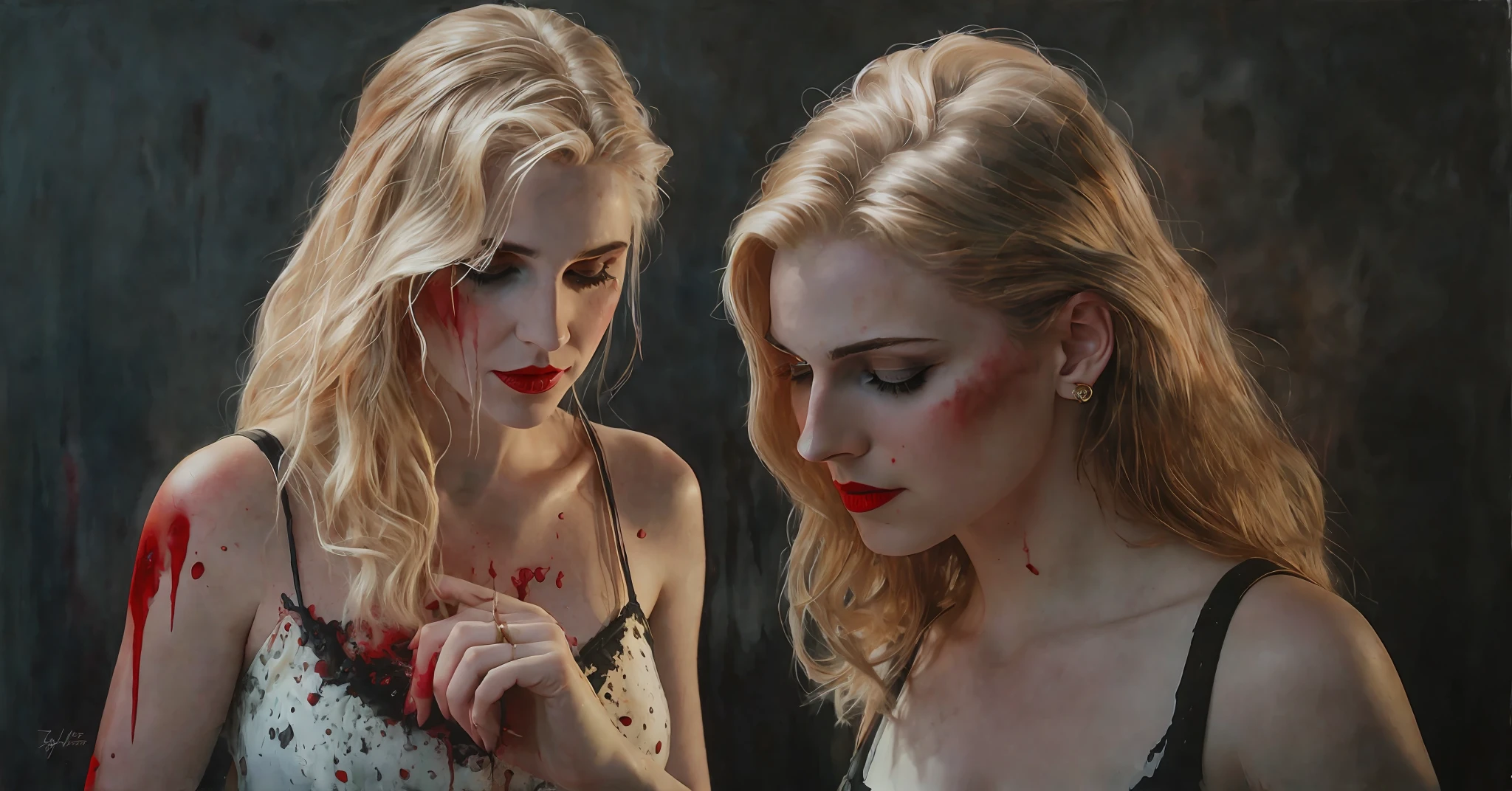Beautiful vampire fangs with river of blood as background, watercolor style, art, dramatic lighting, David Lynch's flat style, abstract expressionism, metaphysics, expressionism, golden ratio, detail aesthetic octane presents excellent composition and natural texture 8K oil painting masterpiece Canon eos r4s 50