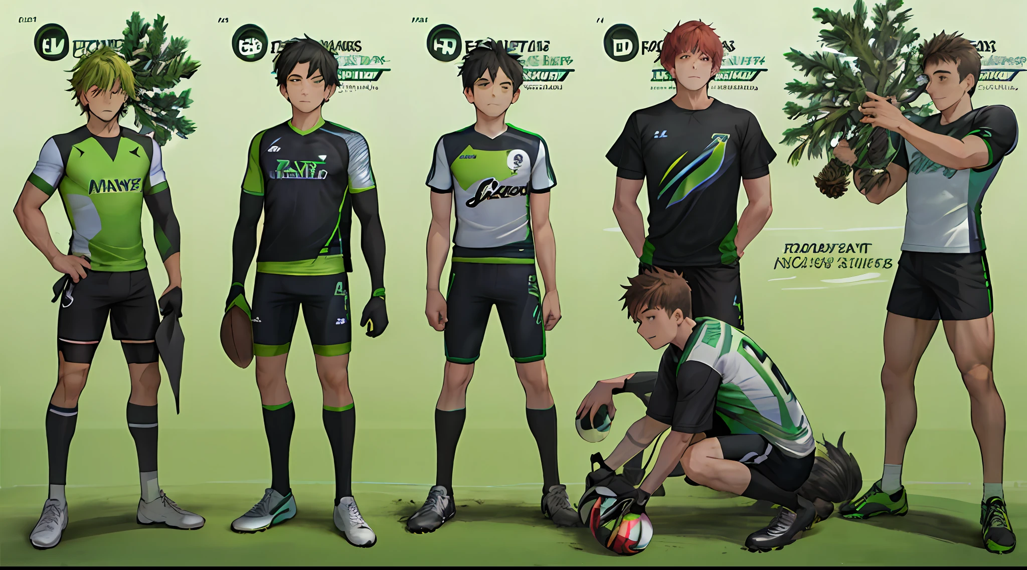 **football team uniform in neon green and black, sports t-shirt and shorts, with text on the back saying "Team CleverPine", versions with shorts and leggings, pinecone element