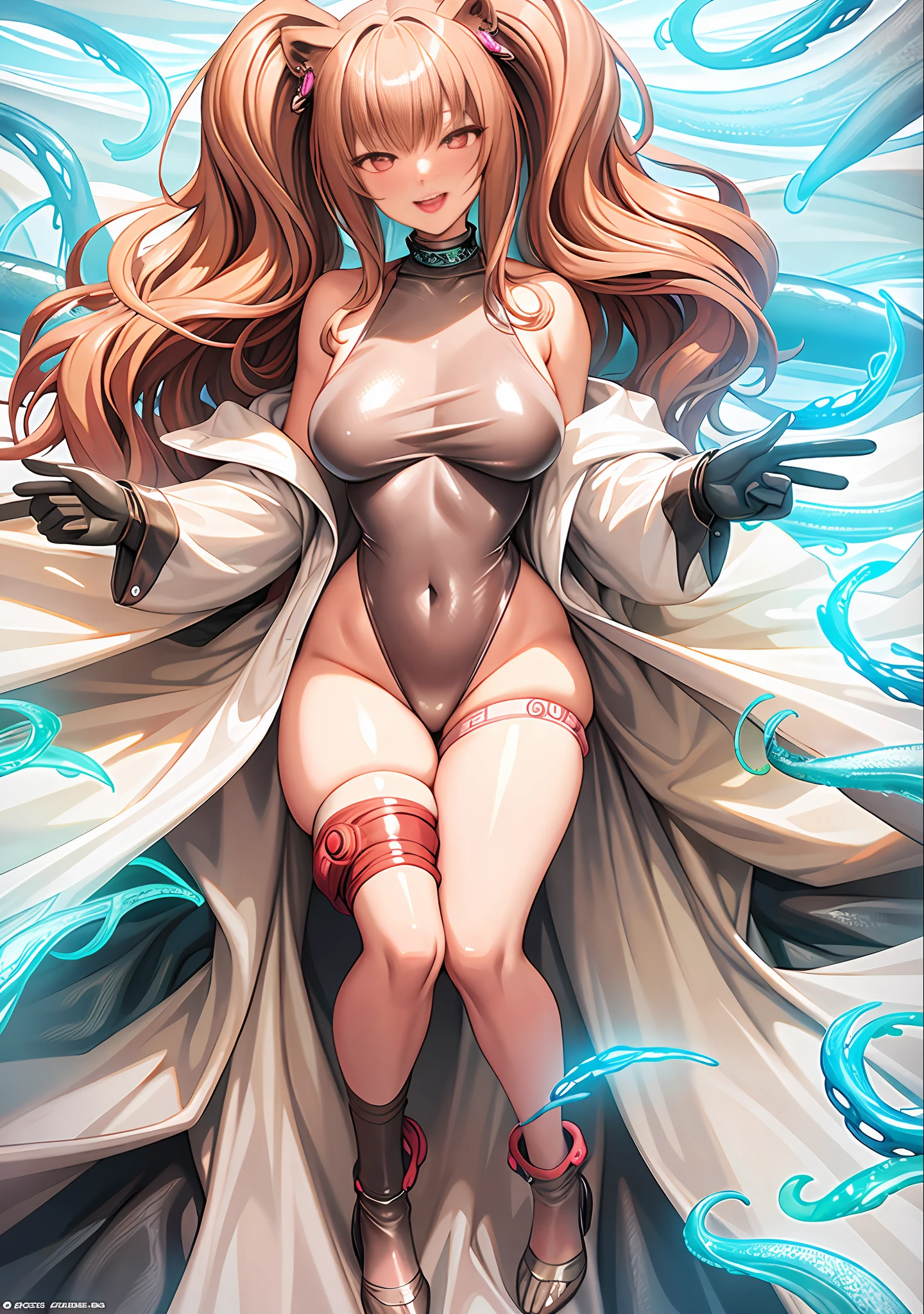 Squirming tentacles, best quality, masterpiece, high detail, HD, young woman, perfect figure, wearing pink tentacle suit, damp black translucent mucus, full body, wlop glossy skin, erotic pose, erotic expression, eyes up, pupils turned up, tongue sticking out, thighs apart, M-shaped legs