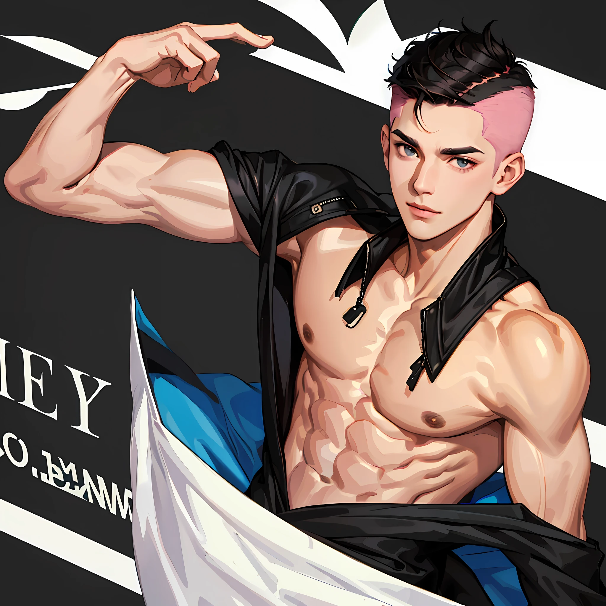 1man, young posing, gorgeous, muscular, black-eyed, shirtless, dark hair short style cut undercut disconnected, on a white background, black crown on his head, pink details