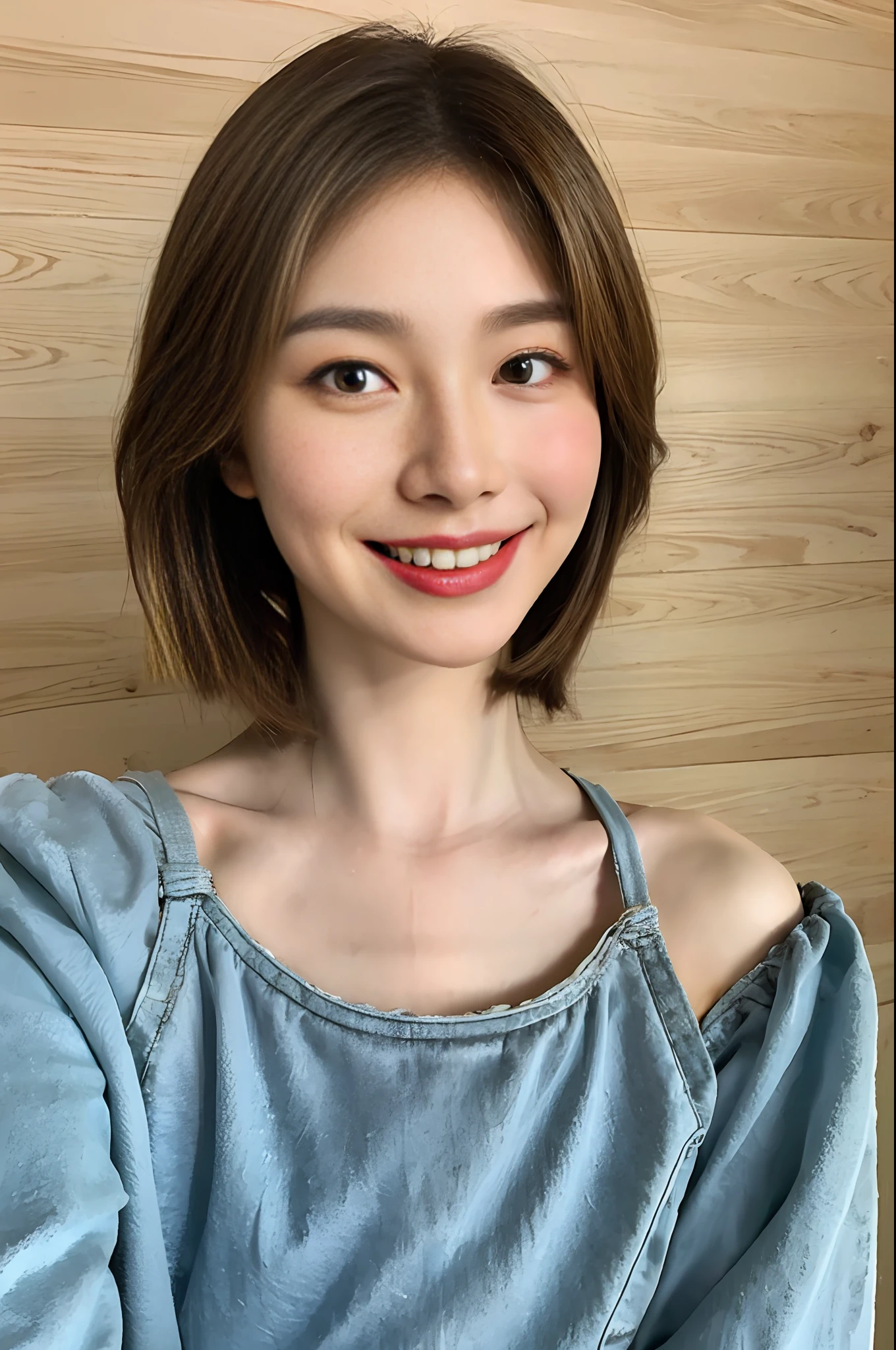 ulzzang-6500-v1.1，photorealistic，hyper quality，(1girl：1.2),16 years old，textured skin，8k，brown hair，(short hair: 1.5)，Exquisite Face，grin