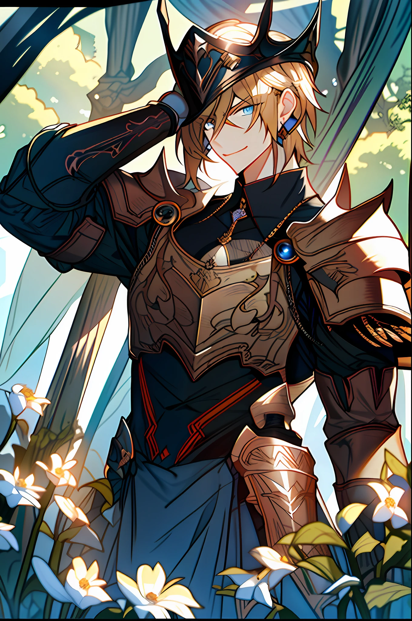 (masterpiece, top quality, high resolution, super detail), two men, youth, knight, muscular, strong, blonde, uniform, royalty, armor, art made by professional artists, the artwork is a masterpiece, the perspective of the characters was perfectly drawn, highly detailed clothes, visually stunning background, presentable clothes, highly detailed hair, a sense of unity and harmony, volume lighting, depth, Detailed shading of figures, detailed highlights portrait drawing, perfect person, excellent person drawing, good looking realistic lighting, best light placement, highly detailed clothes, stylized, aesthetic, excellent eye details, flowers, fantasy, comic art, concept art, trends on pixiv, forest, blooming flowers, sunlight, fantastic lights and shadows, landscape, highly detailed face, portrait, smile