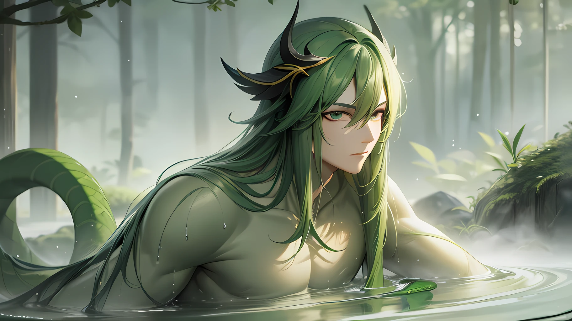 Chinese Wind Rainy Day Green Snake Man Bathing in River (Best Image Quality) (4K) (Lossless) 8k wallpaper