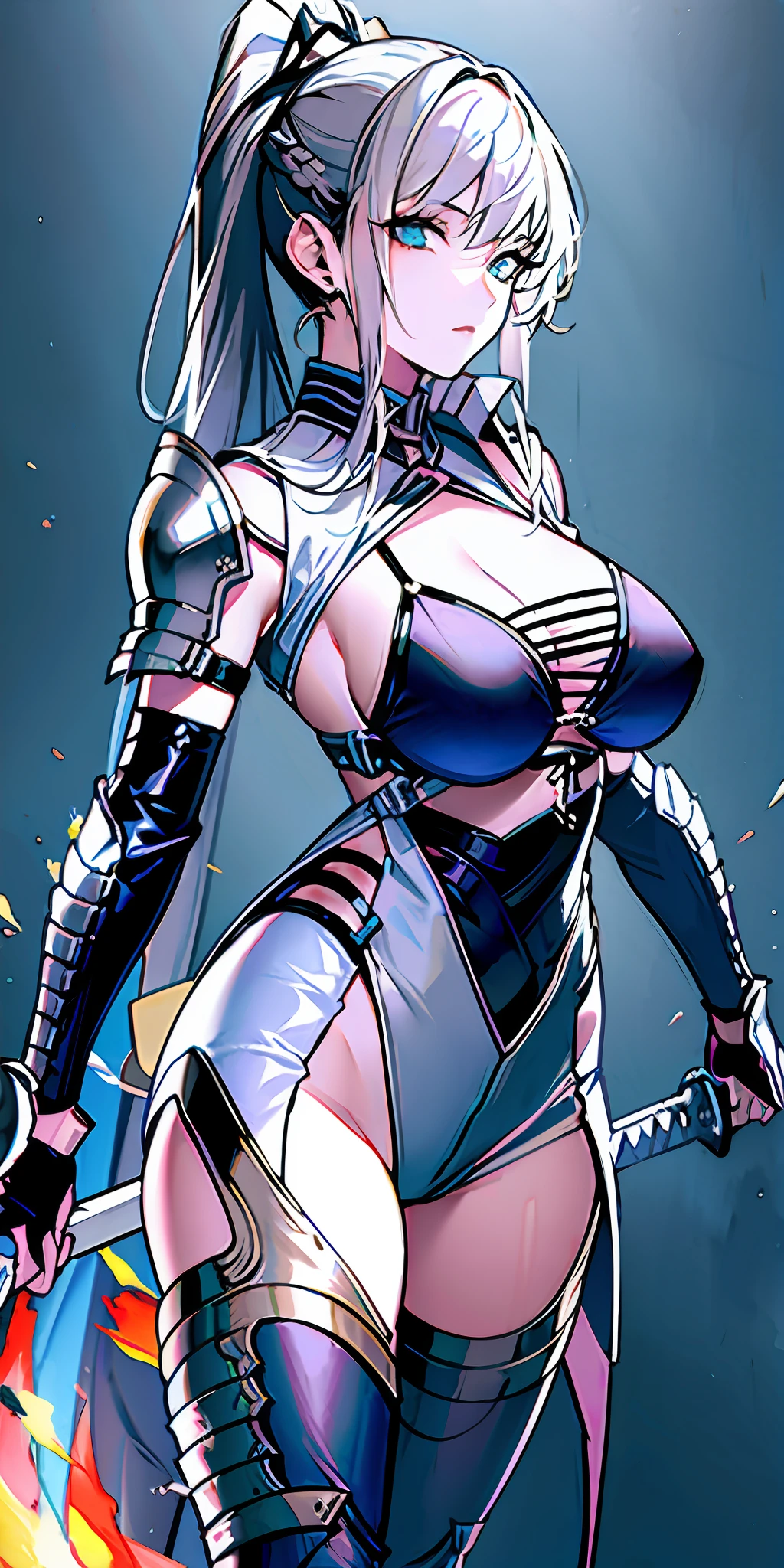 masterpiece, woman, moderately large breasts, black and white double pigtails, ancient armor, beautiful details, good anatomy, good eyes, good features, powerful aura, blue flaming sword, in combat pose, vanishing point,