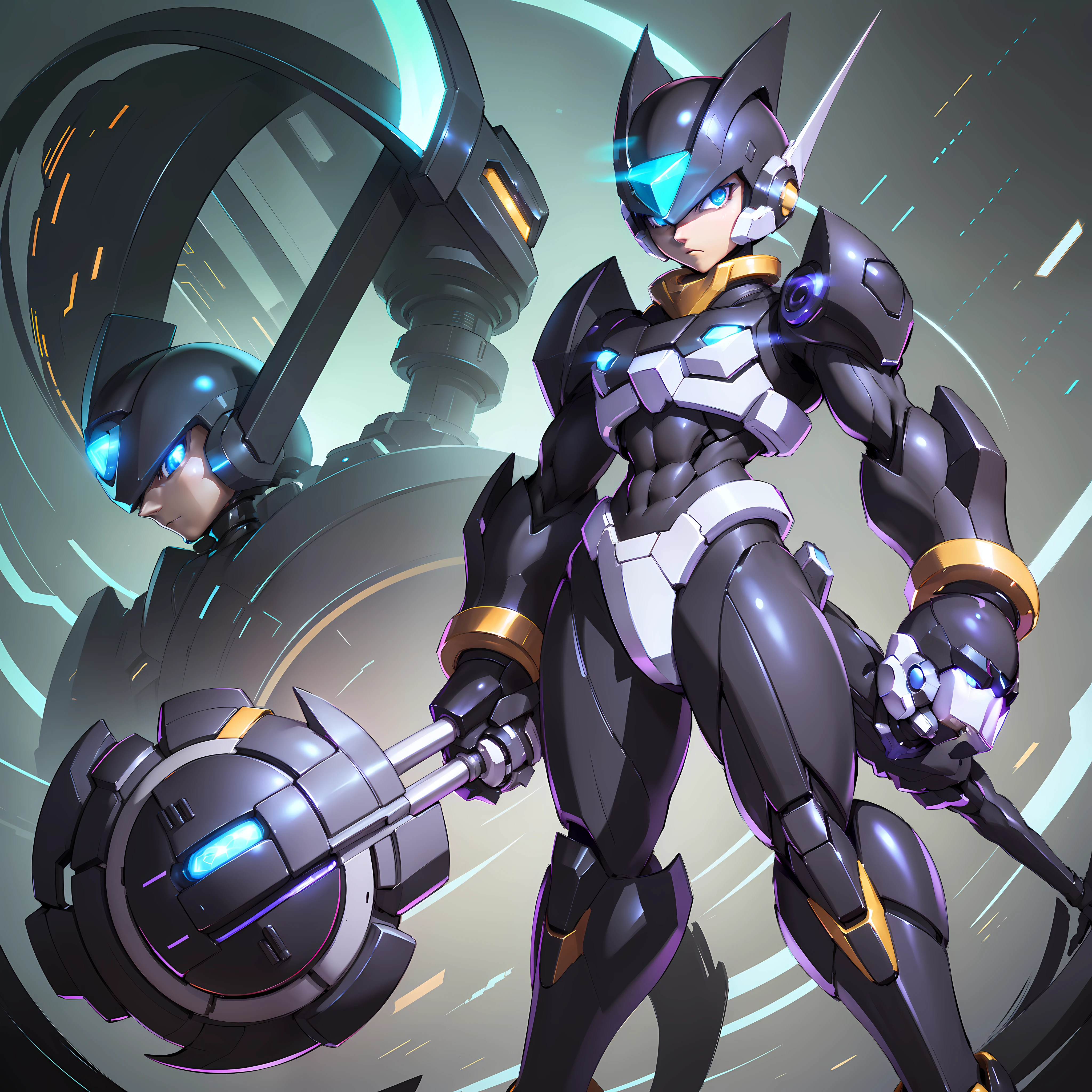 A sleek and streamlined design, with a predominantly silver and black color scheme, helmet has a unique crescent shape, with two antenna-like structures on either side, eyes covered by metallic visor, an enigmatic appearance, Megaman Zero, Male, solo1