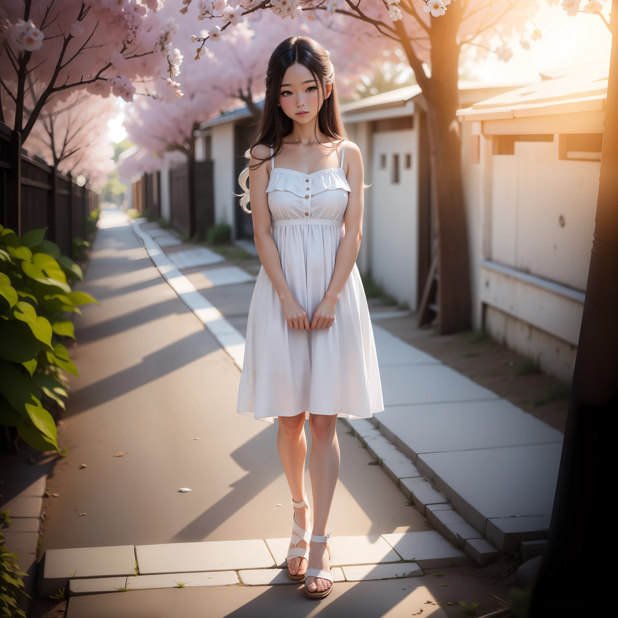 Long-haired, white dress, white mule