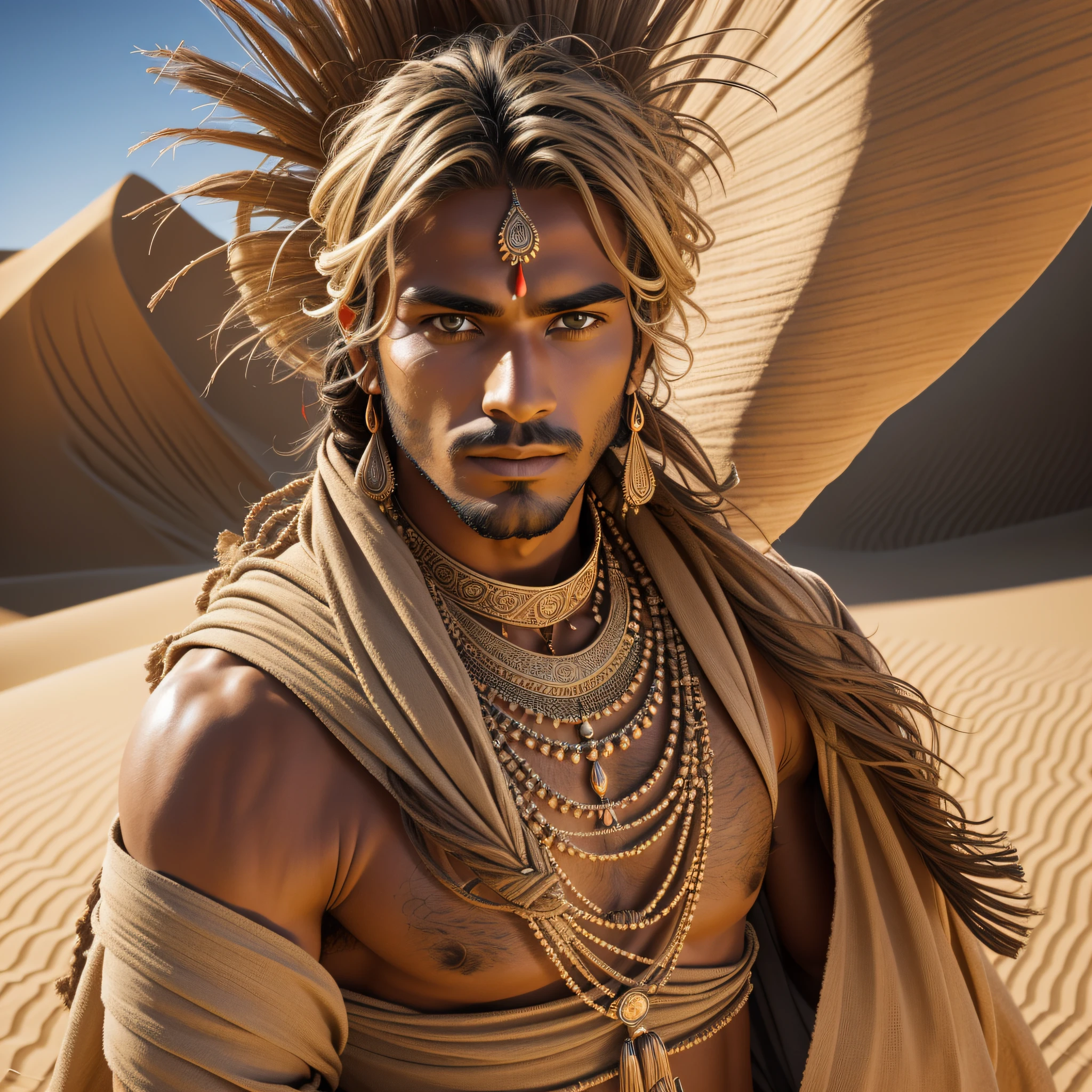 A man with Sun tanned Skin , chiseled facial features, windswept hair, piercing eyes , Adorned in desert robes adorned with intricate patterns inspired by dunes and camels, he epitomizes the spirit of the arid wilderness. With every step,
fascinating desert background, Eye catching photo, Masterpiece picture,nikon d850 film stock photograph 4 kodak portra 400 camera f1.6 lens rich colors hyper realistic lifelike texture dramatic lighting unreal engine trending on artstation cinestill 800,8k