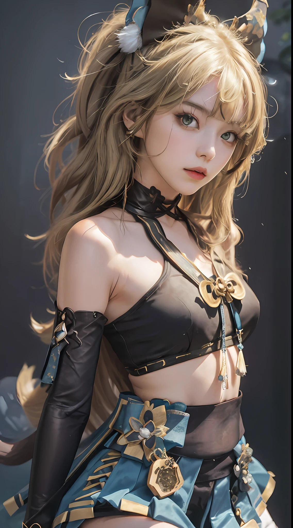 Masterpiece, best quality, real lighting, super high resolution, (realism, photo realism: 1.48), 1 girl, beautiful, blonde ,solo, ahoge, hair accessory, bare shoulders, crop top, navel, split sleeves, elbow gloves, gloves, tail, and skirt, nya