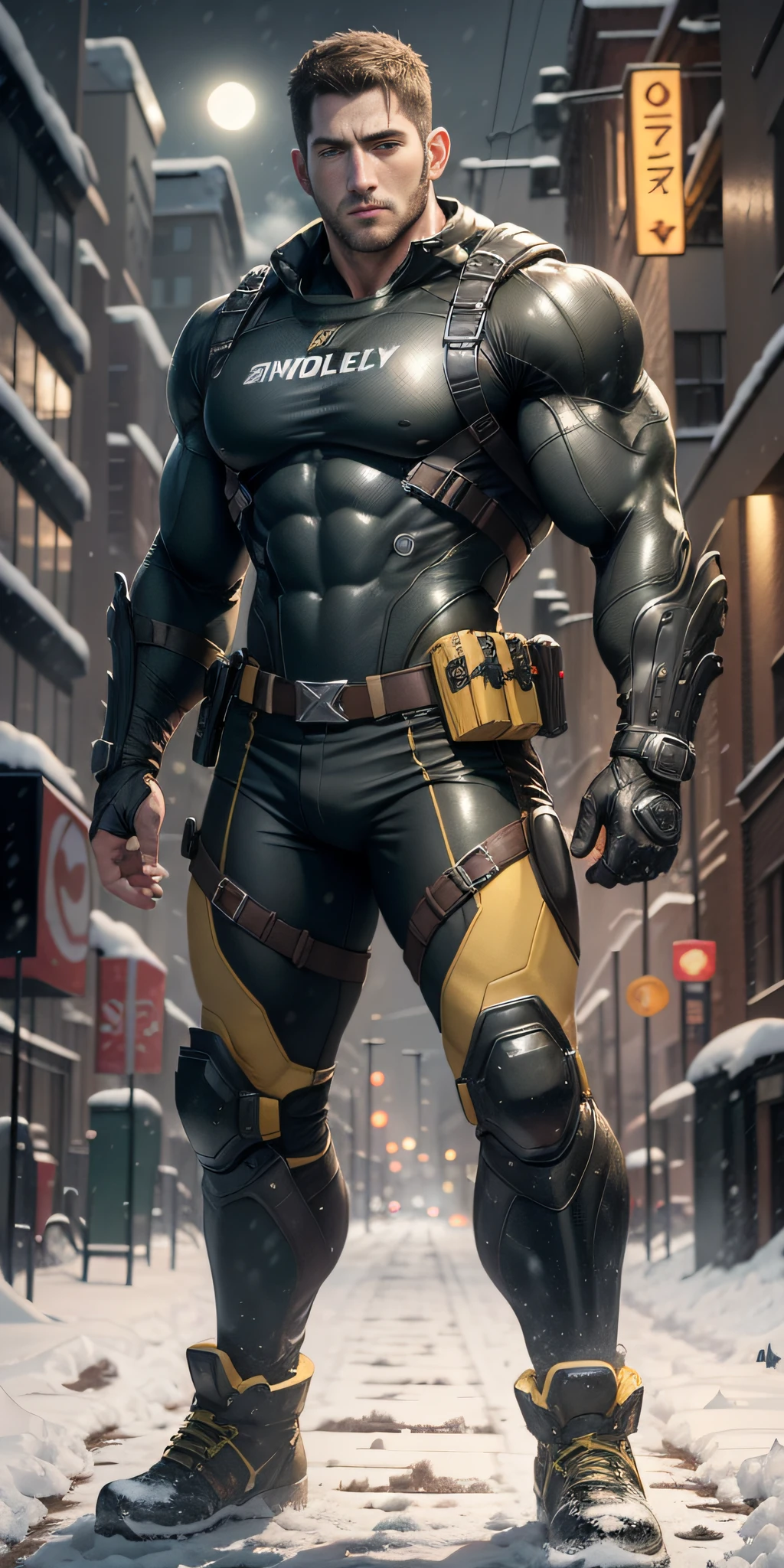 Movie poster, full body, character design (Resident Evil - Chris Redfield, Chris Redfield) wearing a yellow-black combat suit, standing alone on the snowy street, with a sad expression, deep and charming eyes, emerald-like pupils, muscle male heroes, heroic male poses, tall and burly, muscular! Sexy charming developed leg muscles, tall and burly, yellow-black combat suit, super buff and cool, high resolution committee, beige cream white combat boots, attractive strong male, bright moonlight on the body, lonely