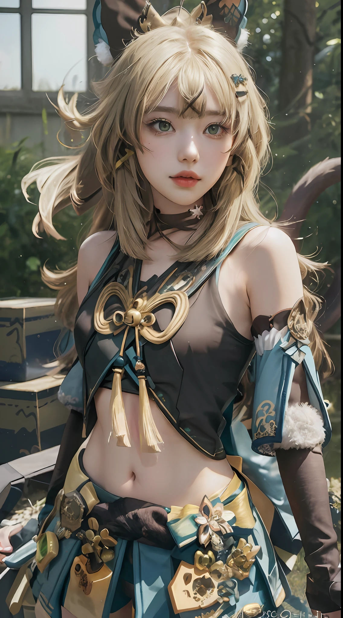 Masterpiece, best quality, real lighting, super high resolution, (realism, photo realism: 1.48), 1 girl, beautiful, blonde ,solo, ahoge, hair accessory, bare shoulders, crop top, navel, split sleeves, elbow gloves, gloves, tail, and skirt, nya