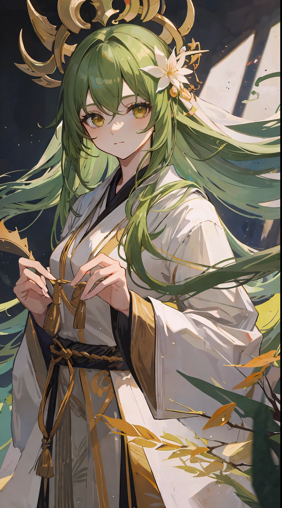 1mature girl, green long hair, golden eyes, white sage robe