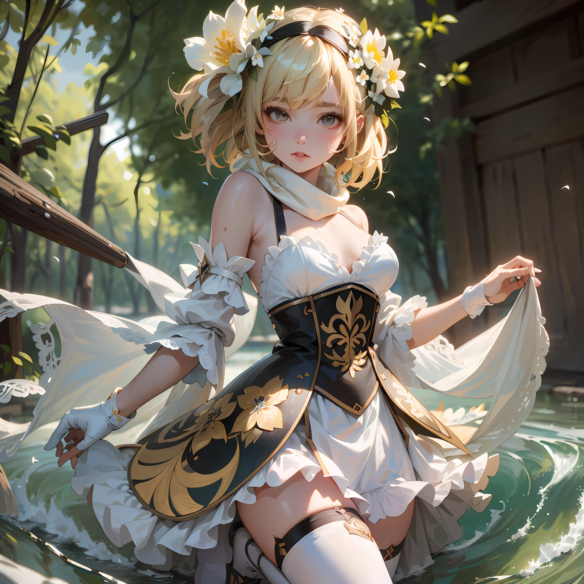 best quality, masterpiece, ultra high res, photorealistic, 1girl, blonde hair, dark eyes, swimming, portrait(8k, RAW photo, best quality, masterpiece:1.2),(realistic, photo-realistic:1.37),(best quality, masterpiece:1.2),(Beautiful detailed background), (lumine, ying, /genshin impact/), 1girl, lumine (genshin impact), blonde hair, solo, flower, dress, hair flower, hair ornament, dark yellow eyes, white dress, (looking at viewer), white flower, bare shoulders, gloves, detached sleeves, white thighhighs, short hair with long locks, sidelocks, white scarf, small breasts, --auto --s2
