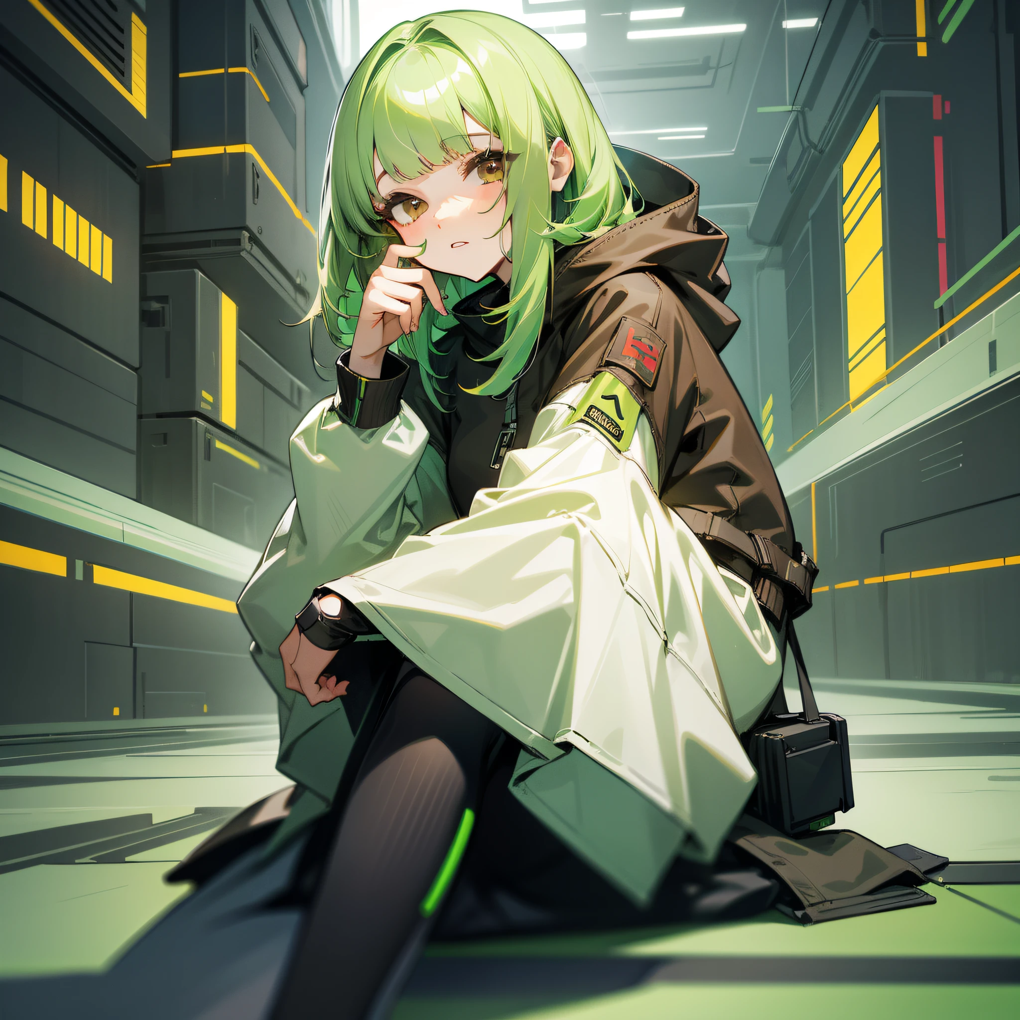 girl, sitting, masterpiece, fashion, cyberworld, medium hair, light green hair, dull bangs, brown eyes, cyberpunk