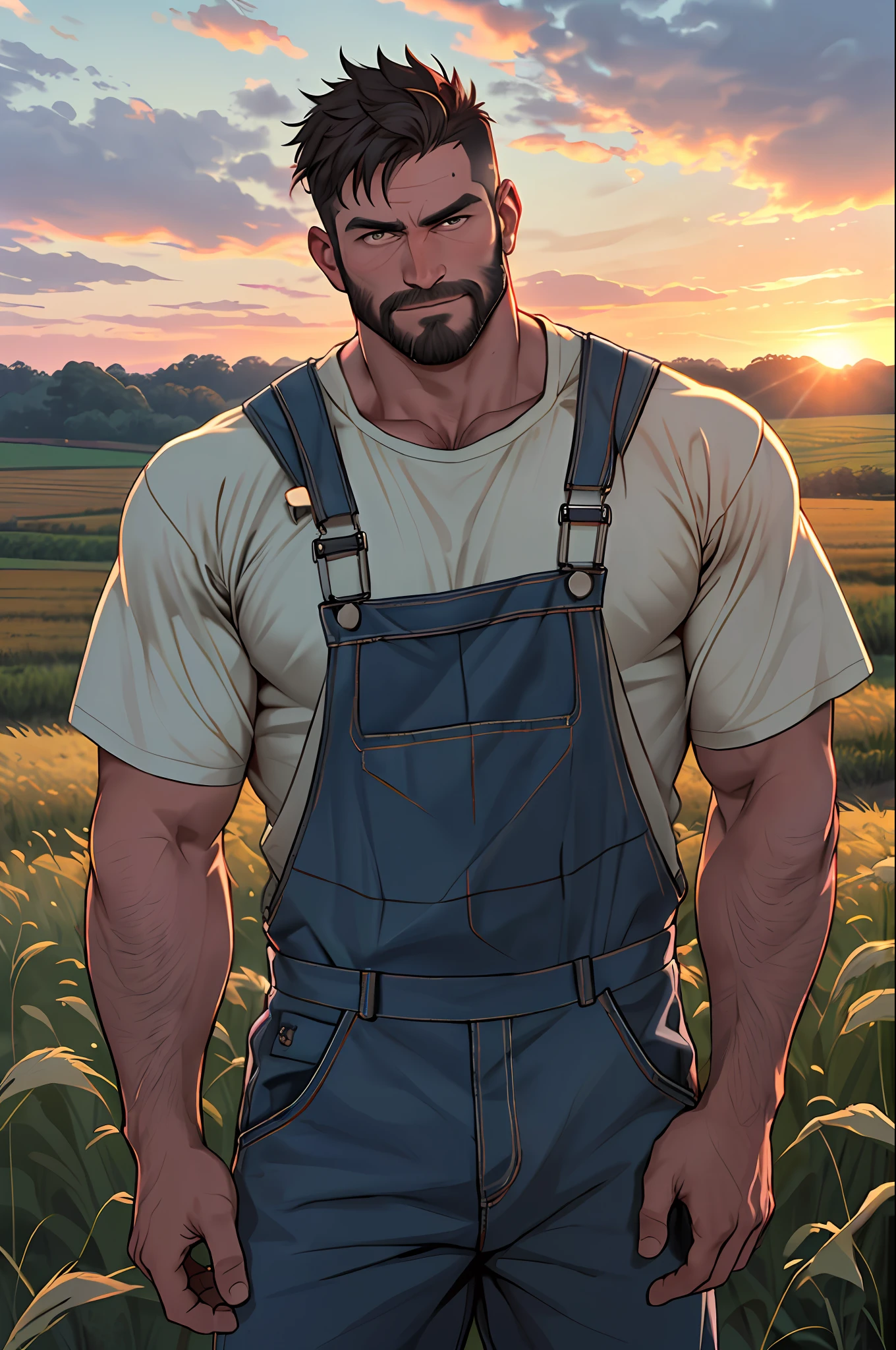 (1 man){"(masculine farmer: 1.2, hirsute: 1.1, rugged, broad shoulders: 1.1, powerful build: 1.1)"} with a pitchfork and overalls, standing in a field, possibly sweating, with a sunset in the background.