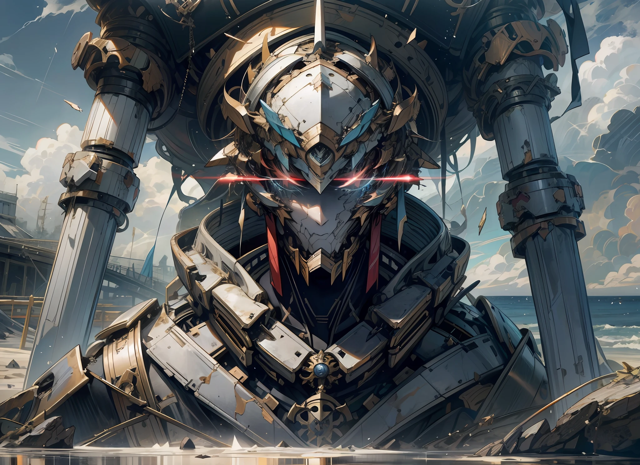 Seaside Boy End of the World Broken Redemption Shine Masterpiece: 1.3 Highest quality 8K Complex detail Detailed background -s3 Layered Detailed depiction Sky shattered Fallen warrior --auto --s2