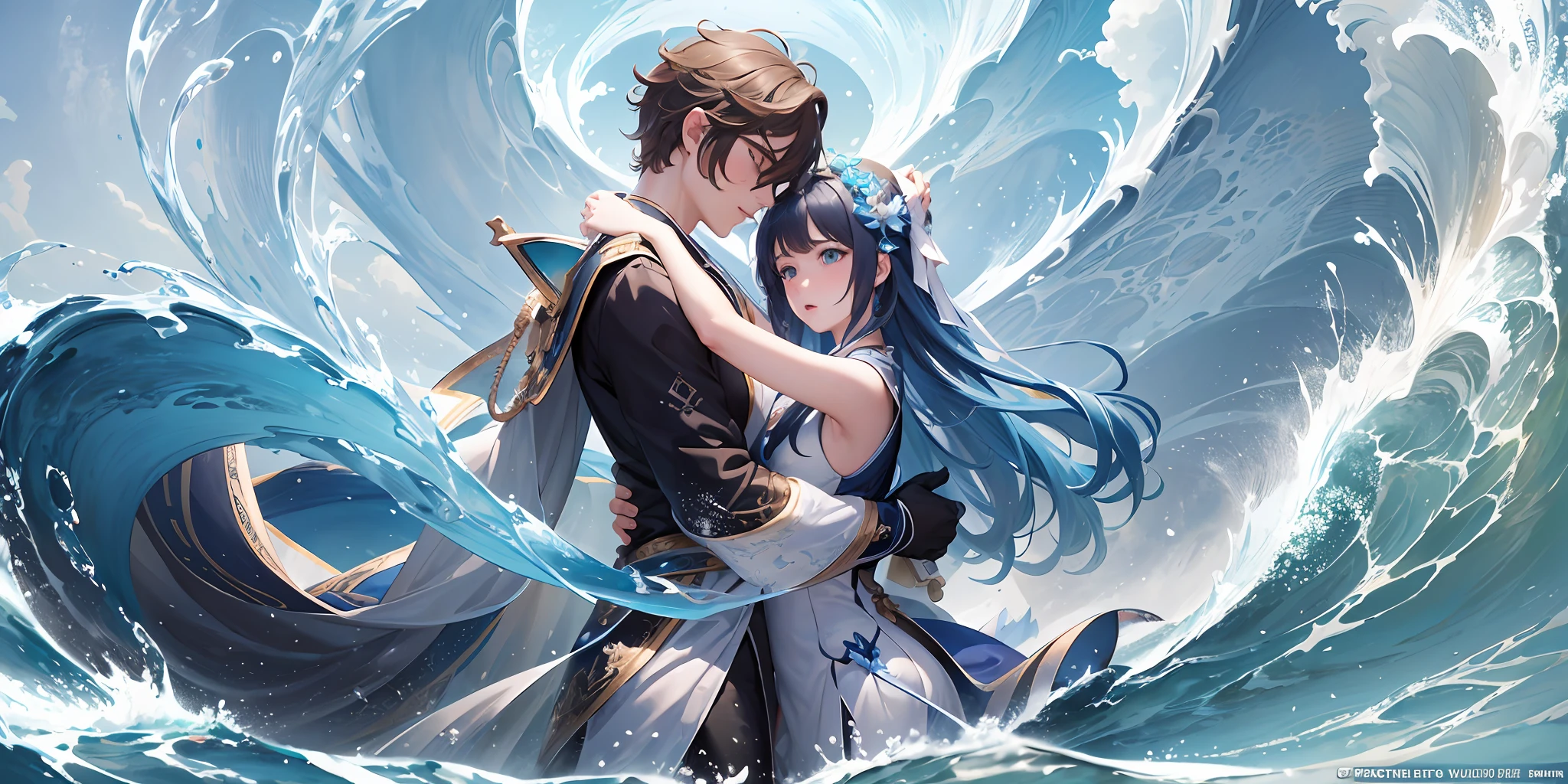 Masterpiece, best quality, official art, extremely detailed CG unified 8k wallpaper, two people, 1 girl + 1 boy, two people hugging in the waves, surrounded by many white waves, sea water, white, blue, cyan, perfect hands, night, ancient China