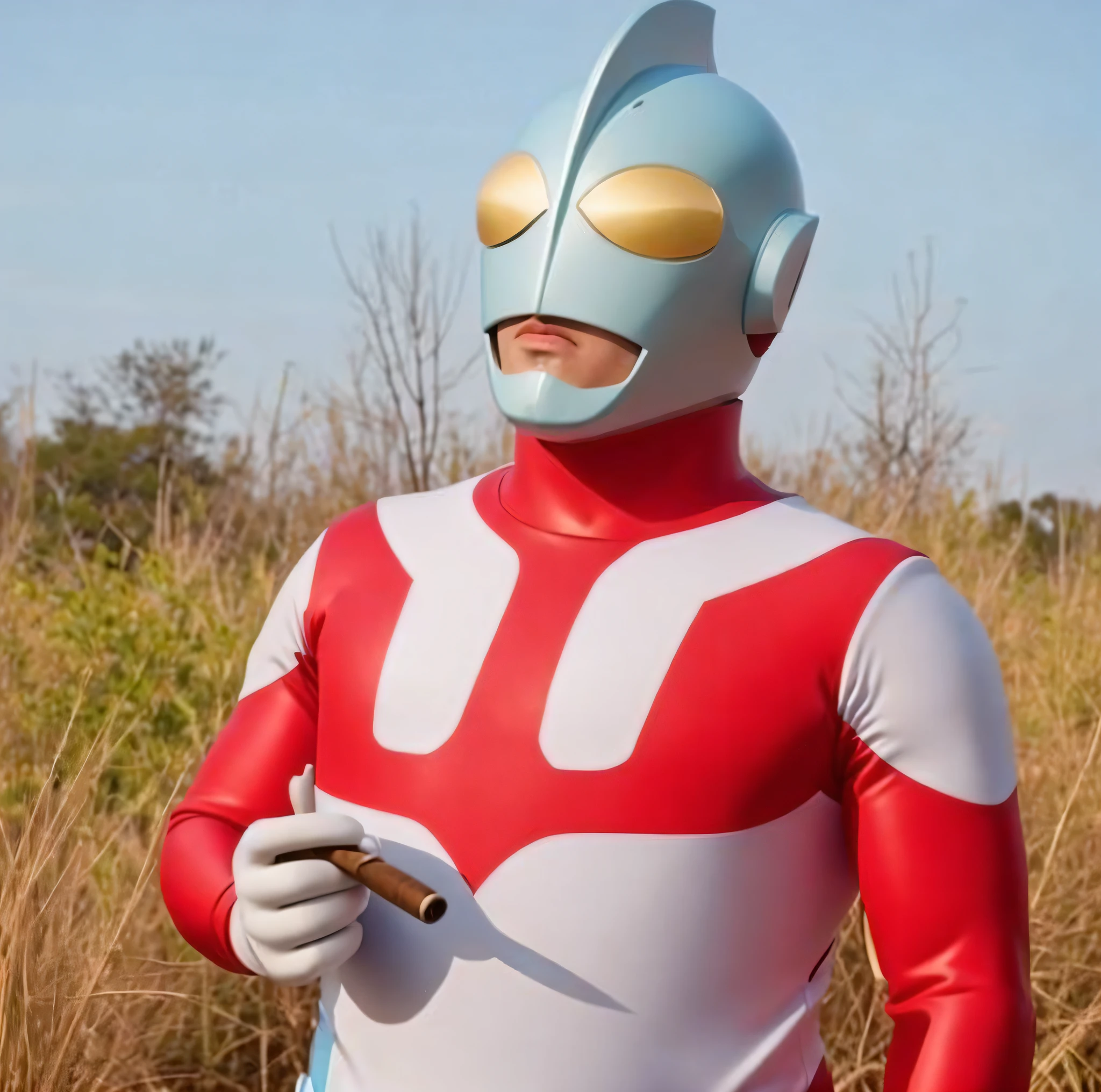 Alafi in a red and white suit holding a cigar, Ultraman, inspired by Yue Minjun, high-quality clothing, Shantai suit, Tokutsu suit vaporwave, as a giant titan, wearing a hero suit in red and yellow, Desa, a full-body robot with a human mask, full role-playing, tight light blue neoprene suit, full costume, fat figure