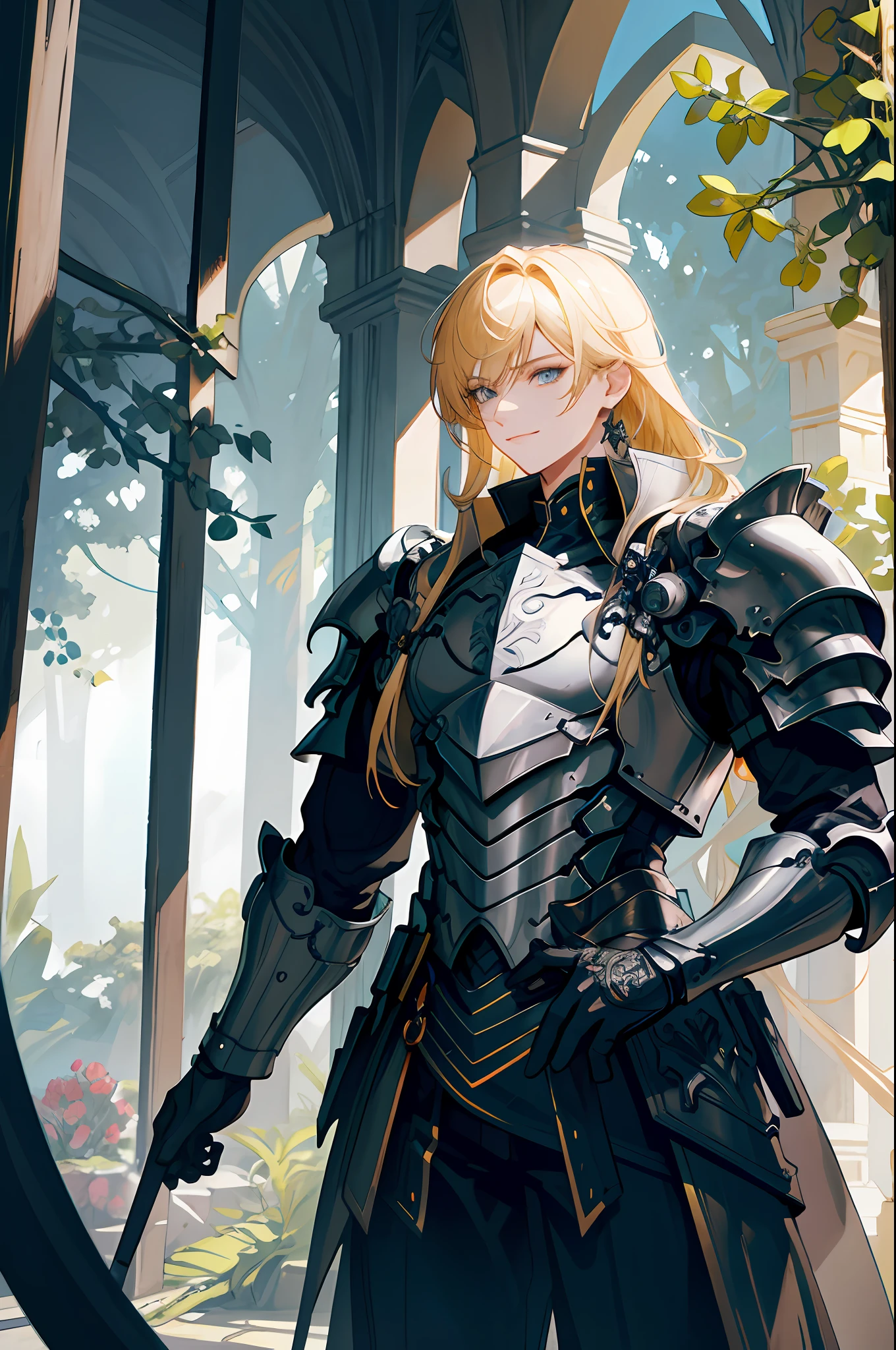 (masterpiece, top quality, high resolution, super detail), two men, youth, knight, muscular, strong, blonde, uniform, royalty, armor, art made by professional artists, the artwork is a masterpiece, the perspective of the characters was perfectly drawn, highly detailed clothes, visually stunning background, presentable clothes, highly detailed hair, a sense of unity and harmony, volume lighting, depth, Detailed shading of figures, detailed highlights portrait drawing, perfect person, excellent person drawing, good looking realistic lighting, best light placement, highly detailed clothes, stylized, aesthetic, excellent eye details, flowers, fantasy, comic art, concept art, trends on pixiv, forest, blooming flowers, sunlight, fantastic lights and shadows, landscape, highly detailed face, portrait, smile