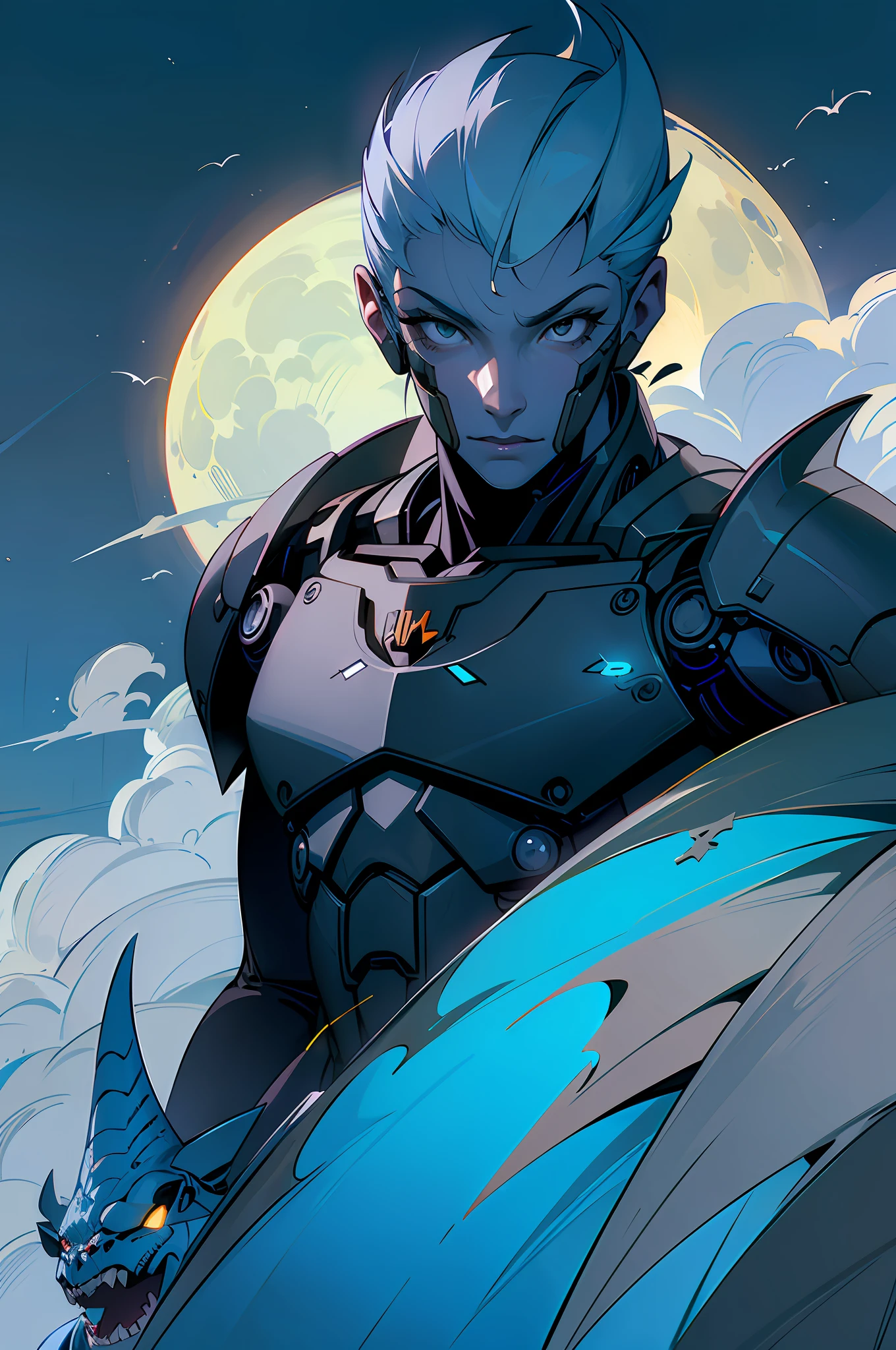 (Different Face expressions) masterpiece, best quality, detailed cyborg MOM WITH MOTHERLY CHARACTERISTICS AI sky, cloudy_sky, building, moonlight, moon, night, (dark theme:1.3), light, fantasy