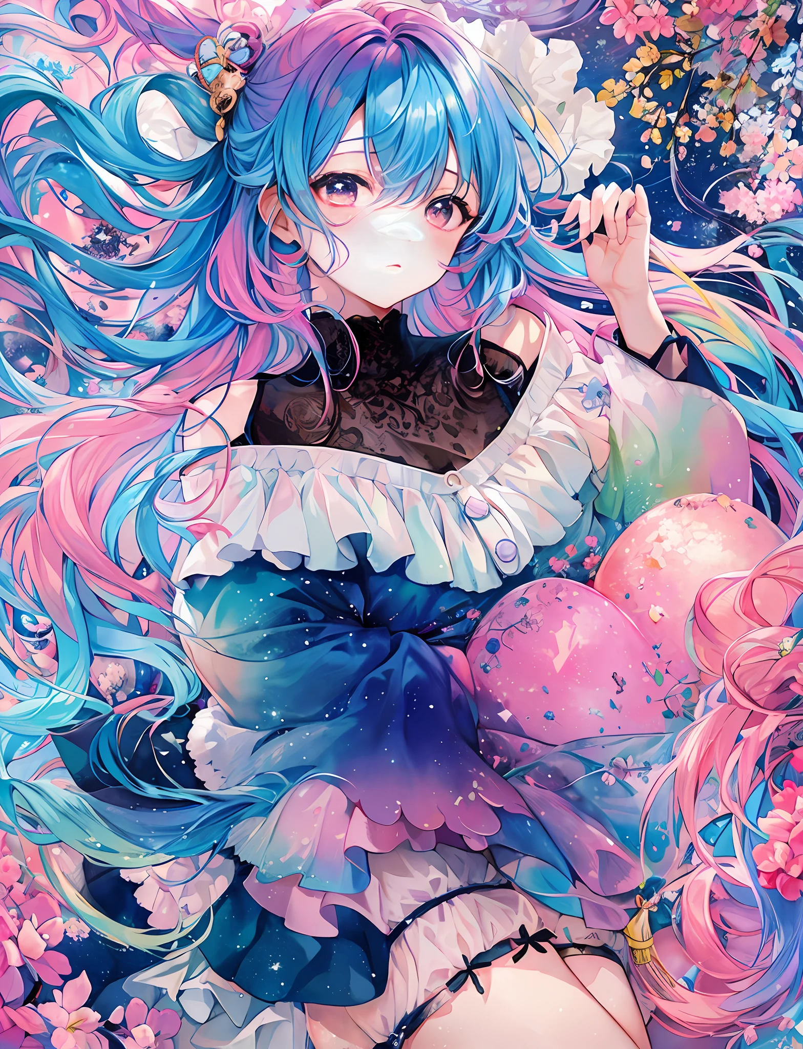 Yumekawa, dreamily cute, pale, moya, (masterpiece, top quality, highest quality, watercolor (medium), official art, beautiful and aesthetic: 1.2), (two beautiful girls: 1.3), upper body, flirting, lesbian, lolita fashion, lolita look viewer, pattern, (iridescent hair, colorful hair, half blue and half pink hair: 1.2), soap bubbles, rainbow behind, clouds, colorful, soap bubbles, hair spread all over, cute, pastel, cute room, rainbow color unicorn stuffed animal, lying on bed