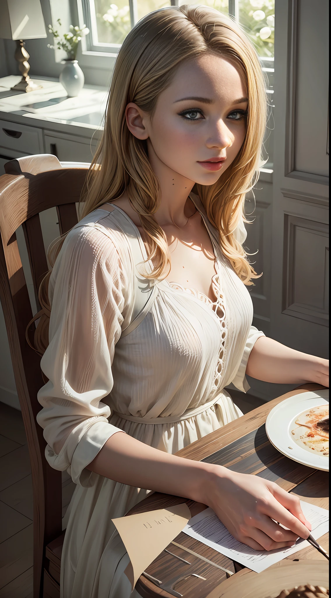 Hungry Bird Actress, Stunning Picture, Jennifer Lawrence, Artistic Sense, Super Real, Cinematic Light Effects, Saturation (1.3), Sunlight, Sitting on a Chair, Study, HD, 4k, Realistic Face, Photo Quality, Tall Figure, Actress Jennifer Lawrence, High Nose, Bright Eyes, Smile, Fashionable Long Hair, Simple White Clothes, Delicate and beautiful face (1.5), standing at the table with a clear table top with stunning artwork and detailed scattered objects, surrounded by a simple white wall, the room seems to be shining with sunlight.