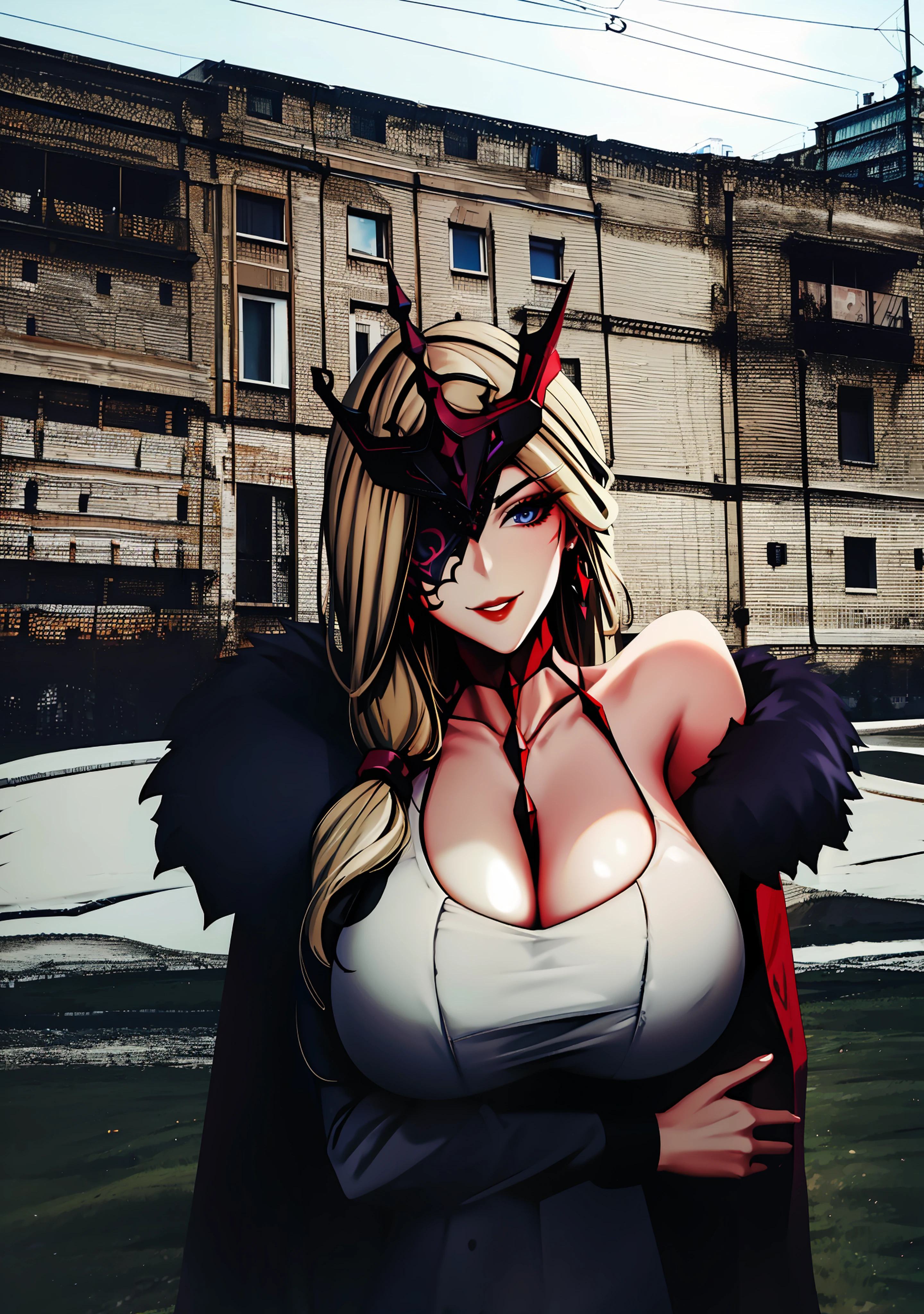1girl, bare shoulders, black mask, blonde hair, blue eyes, cleavage, collarbone, dress, earrings, eyepatch, fur trim, huge breasts, jewelry, large breasts, long hair, looking at viewer, makeup, mask, one eye covered, signora \(genshin impact\), smile, solo, upper body, outdoors, cyberpunk, (masterpiece:1.4), (best quality:1.4), (shiny skin), red lips, mature female