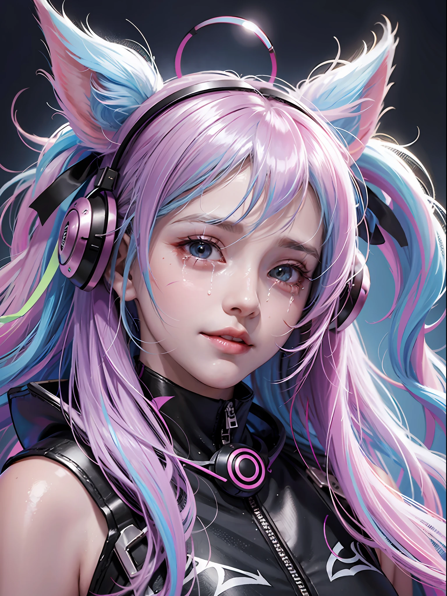 Hair side up, neon hair, cloud hair, ((hair covered ears)), (ears covered by hair), demon horn, scar on cheeks, mask, halfbody, headphones, multiple hair bows, empty eyes, tears, bat ears, cute, smile, shy, upside down, ray tracing, reflected light, high detail, anime, 1080p, high detail --auto --v 6