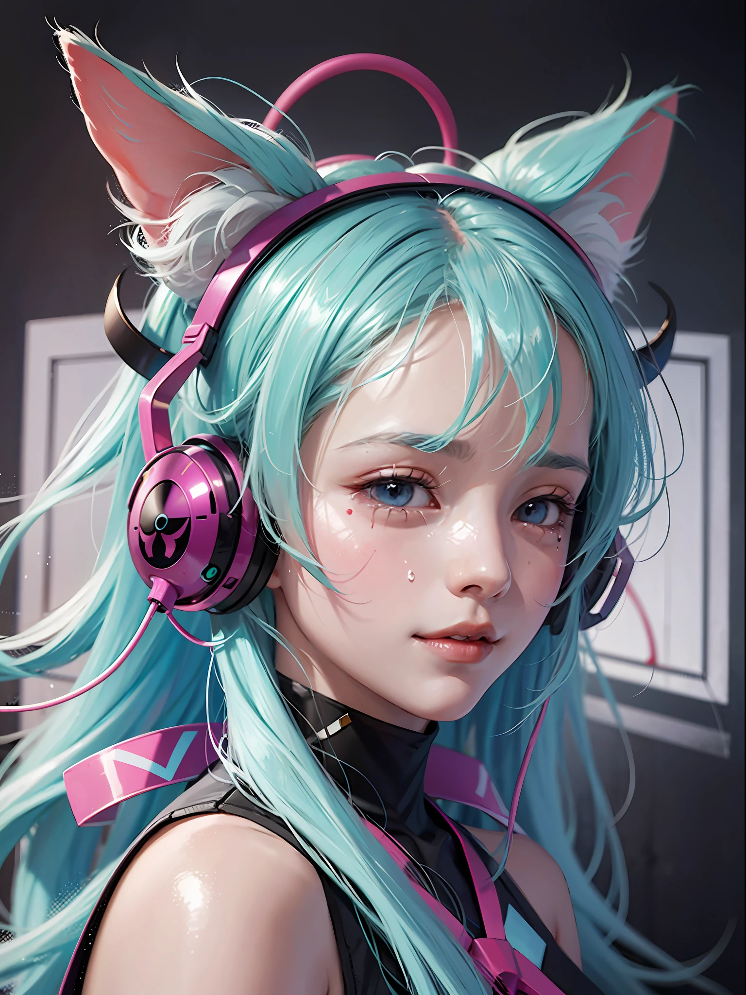 Hair side up, neon hair, cloud hair, ((hair covered ears)), (ears covered by hair), demon horn, scar on cheeks, mask, halfbody, headphones, multiple hair bows, empty eyes, tears, bat ears, cute, smile, shy, upside down, ray tracing, reflected light, high detail, anime, 1080p, high detail --auto --v 6