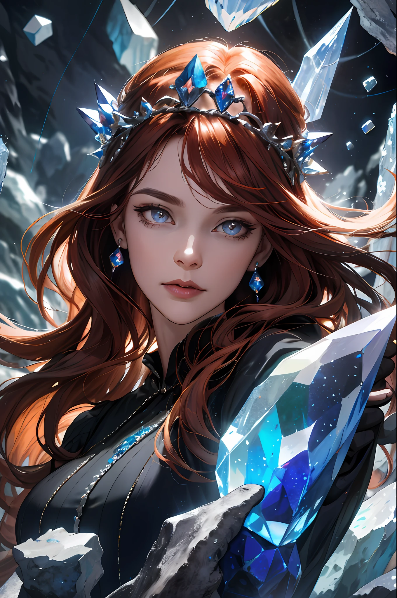 (absurdres, highres, ultra detailed), 1woman, mature female, aged up, wavy long hair, auburn hair, coral eyes, bangs, long sleeves, finely detailed eyes and detailed face, extremely detailed CG unity 8k wallpaper, intricate details, (style-swirlmagic:1.0),  looking at viewer, solo, upper body, detailed background, close up,  detailed face, (gothic dark ages theme:1.1), crystal sorcerer,  dynamic pose, earth themed clothes, crystal crown,  floating in the air, glowing magical shards, surrounded by blue magical crystals,  rock formations, stalactites,  magical floating particles, crystal glass,  crystal sphere, crystal canyon background, (shallow water:0.7),  epic ethereal atmosphere,   updraft,, portrait